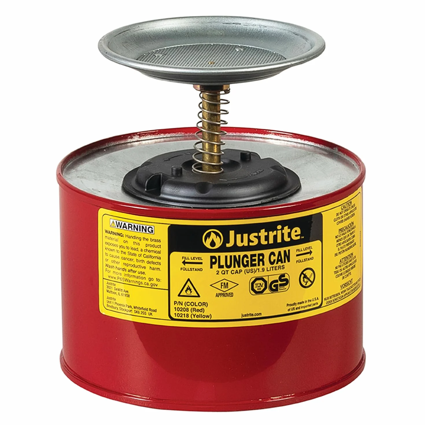 Justrite 10208 - Tanica di sicurezza in acciaio con pompa Ryton e ottone, capacità 2 l, diametro esterno 19 cm x altezza 19 cm, colore: Rosso
