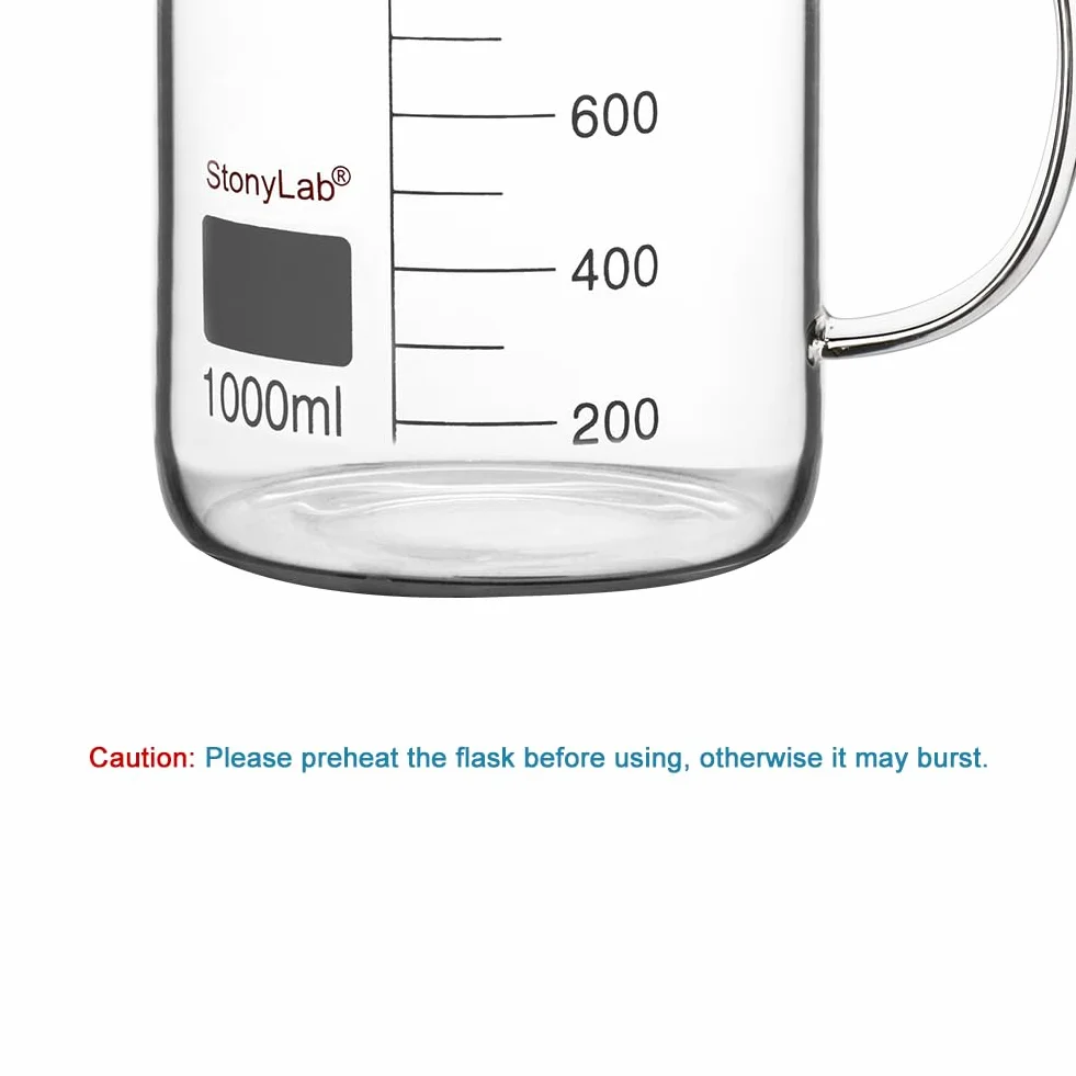 stonylab Bicchiere in Vetro con Manico, Bicchiere Graduato in Vetro Borosilicato Griffin a Forma Bassa con Manico e Beccuccio per Versare, 1000 ml