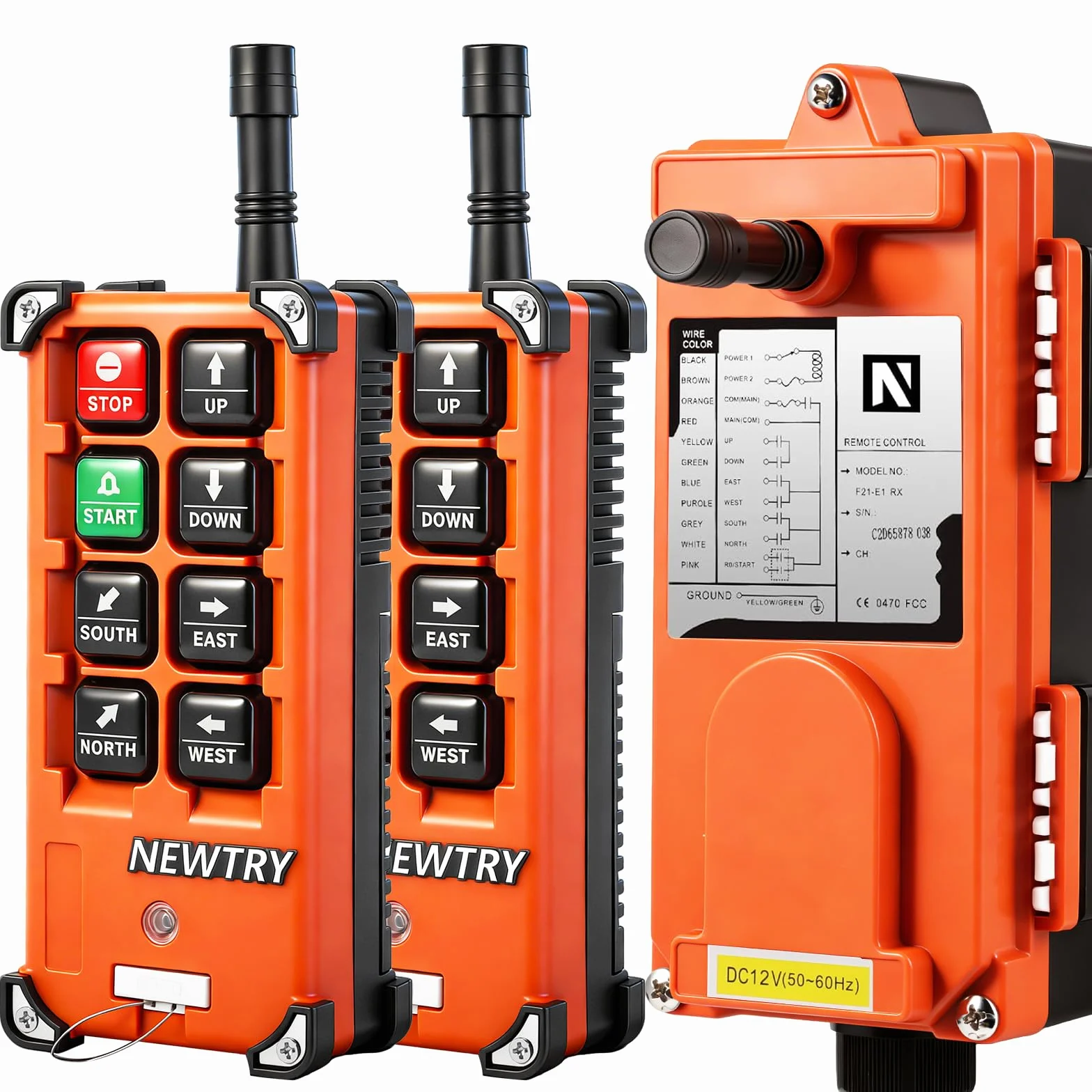 NEWTRY 12V Controllo del telecomando della gru wireless, doppio trasmettitore per hoad industriali industriali, gru sopraelevata - F21E1B (trasmettitore * 2 + DC 12V ricevitore)