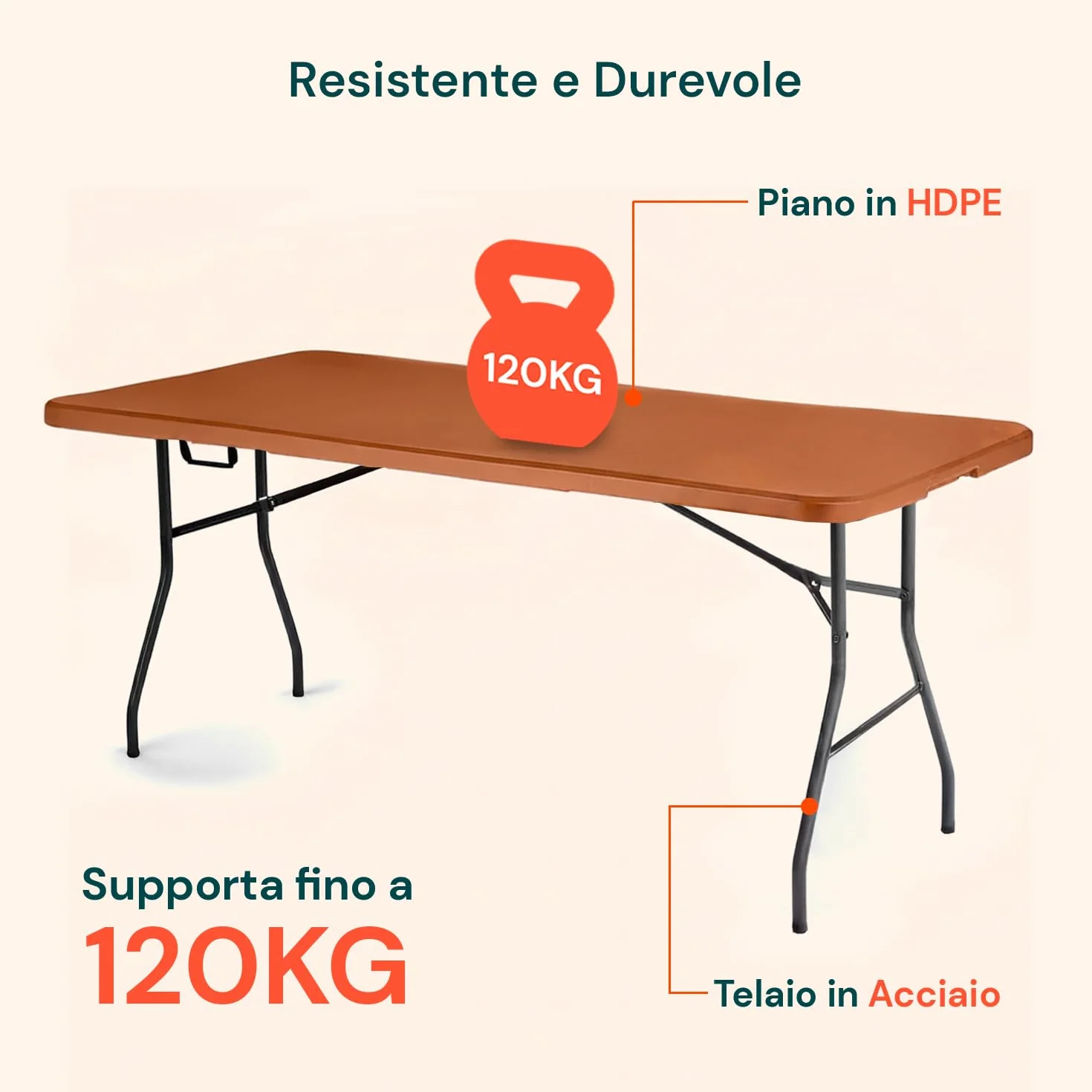 Avilia Tavolo Pieghevole da Pranzo Salvaspazio in HDPE per 6 Persone 180x70x74 cm Marrone