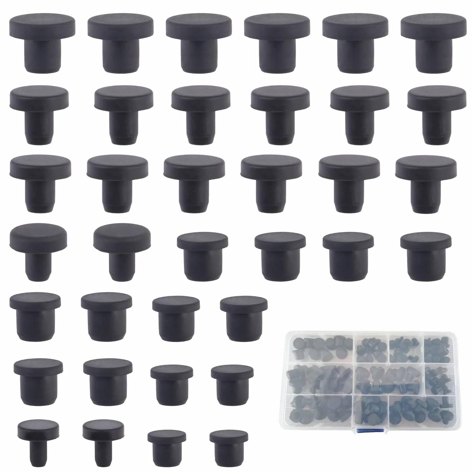 Set 100 Tappi per Fori in Gomma Siliconica 10 Misure Tappi di Plastica Silicone Gomma Tappo T-Förmige Gummistopfen Silikon 1 Transparenter Box für Löcher Mit 4-9.5mm Innendurchmesser Flaschen Rohre