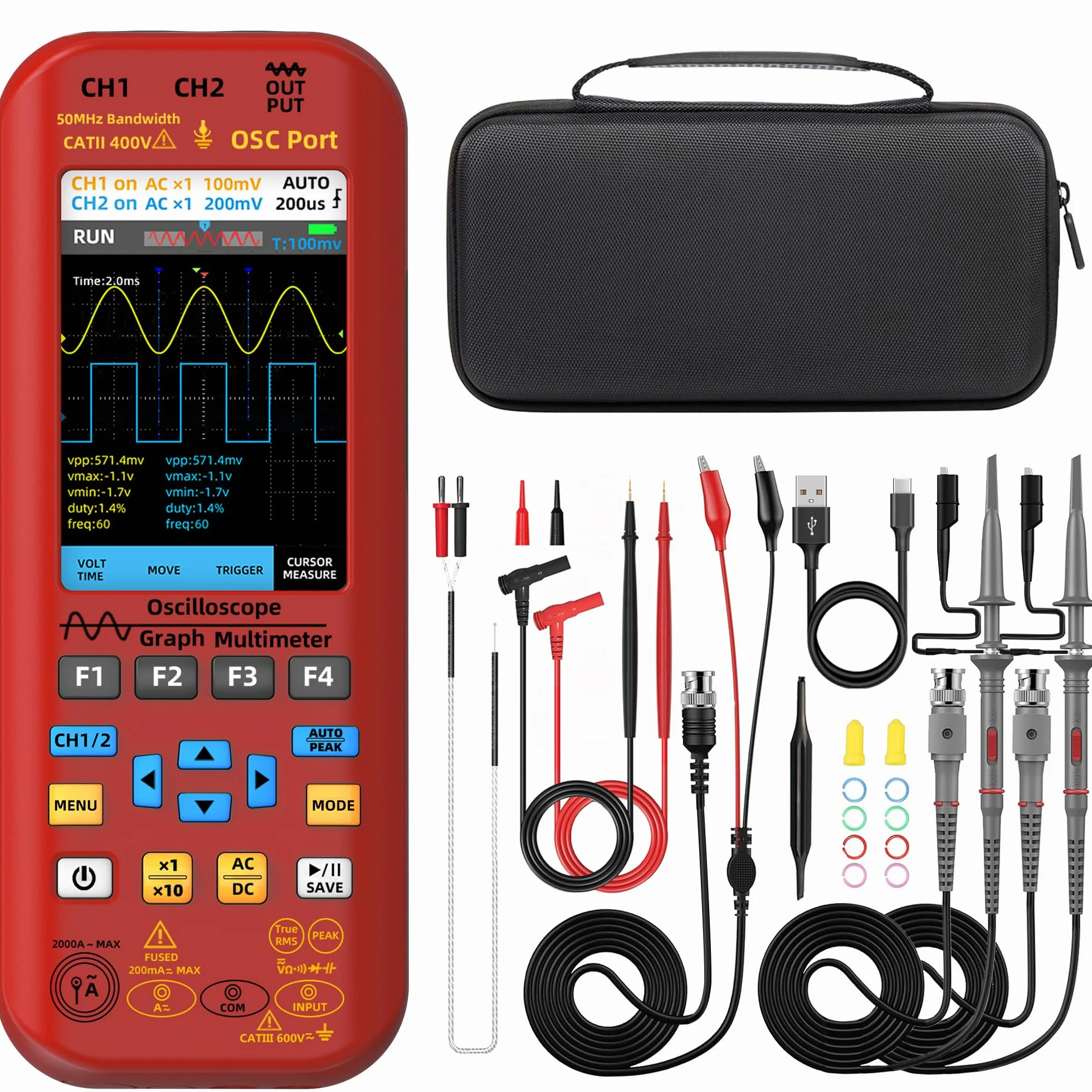 BSIDE Oscilloscopio digitale portatile 2 canali 50 MHz 3.98 TFT multimetro generatore di segnale 3 in 1 supporta bobine flessibili 20000 conteggio 250 MSa/s