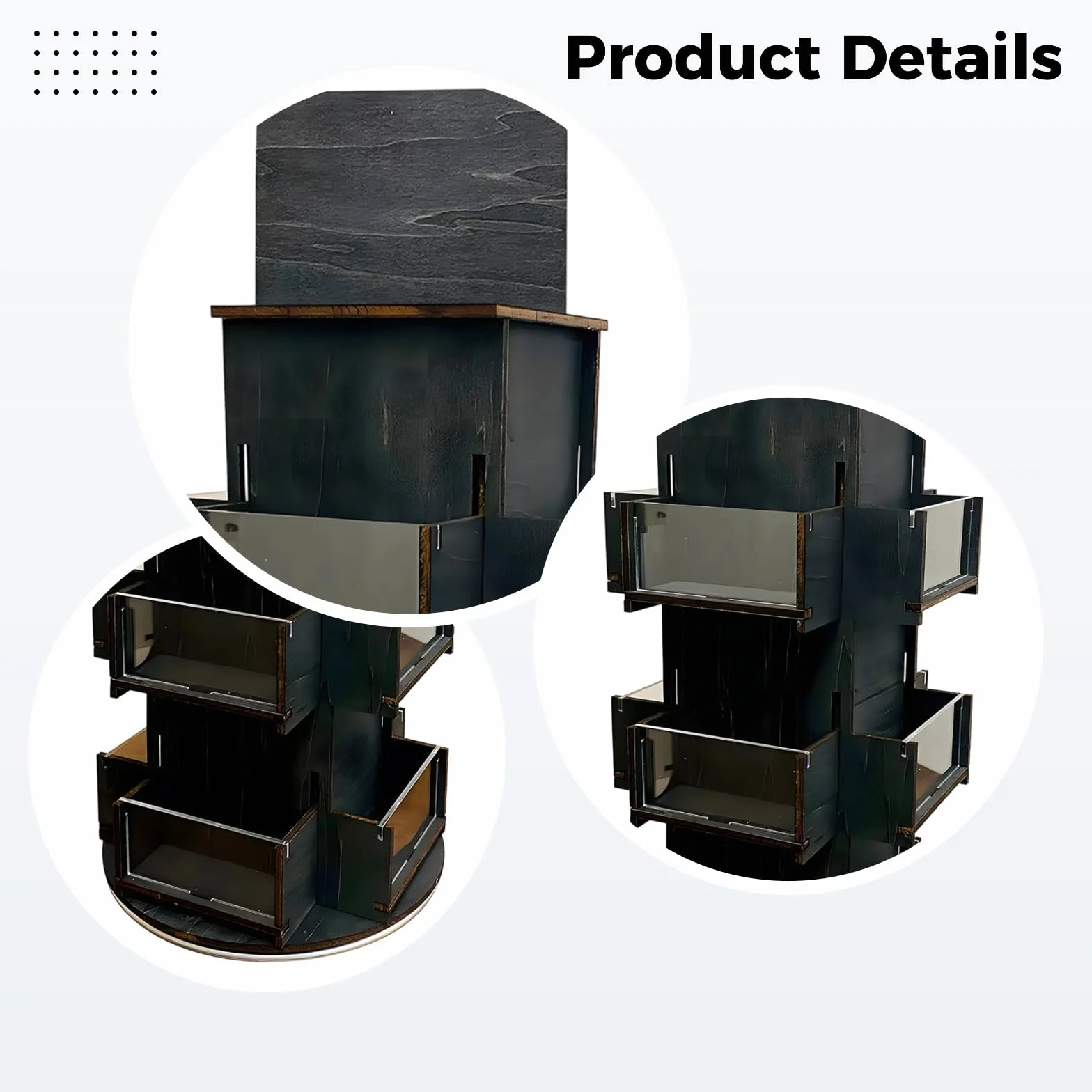 Scaffale organizer da banco in legno nero, espositore girevole a 3 livelli per venditori, espositore per adesivi alto 53,3 cm, diametro 23,6 cm, facile da montare