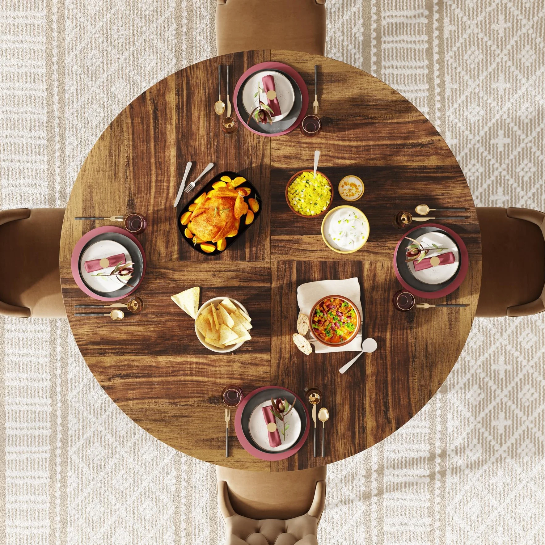 Tribesigns Tavolo da pranzo rotondo da 120 cm, per 4-6 persone, stile rustico e design industriale, stabile base in metallo per cucina e soggiorno, nero-marrone