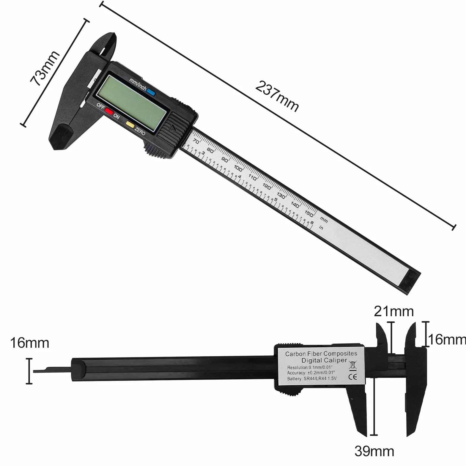 Fousenuk Calibro Digitale, Caliper in Fibra di Carbonio da 150 mm/6" Micrometro Digitale con LCD e Batteria di Backup, Calibri Digitale per Misurazioni Esterne, Interne, di Profondità e Passo
