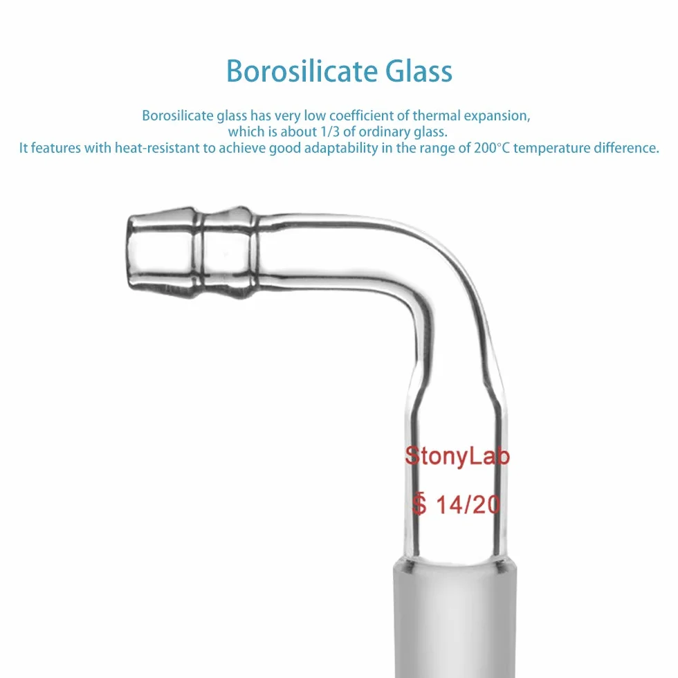 stonylab Adattatore di Ingresso Piegato in Vetro con 14/20 Giunto Maschio in Vetro e Raccordo Tubo da 9 mm, Glass Bent Inlet Adapter Vetreria da Laboratorio (Confezione da 1)