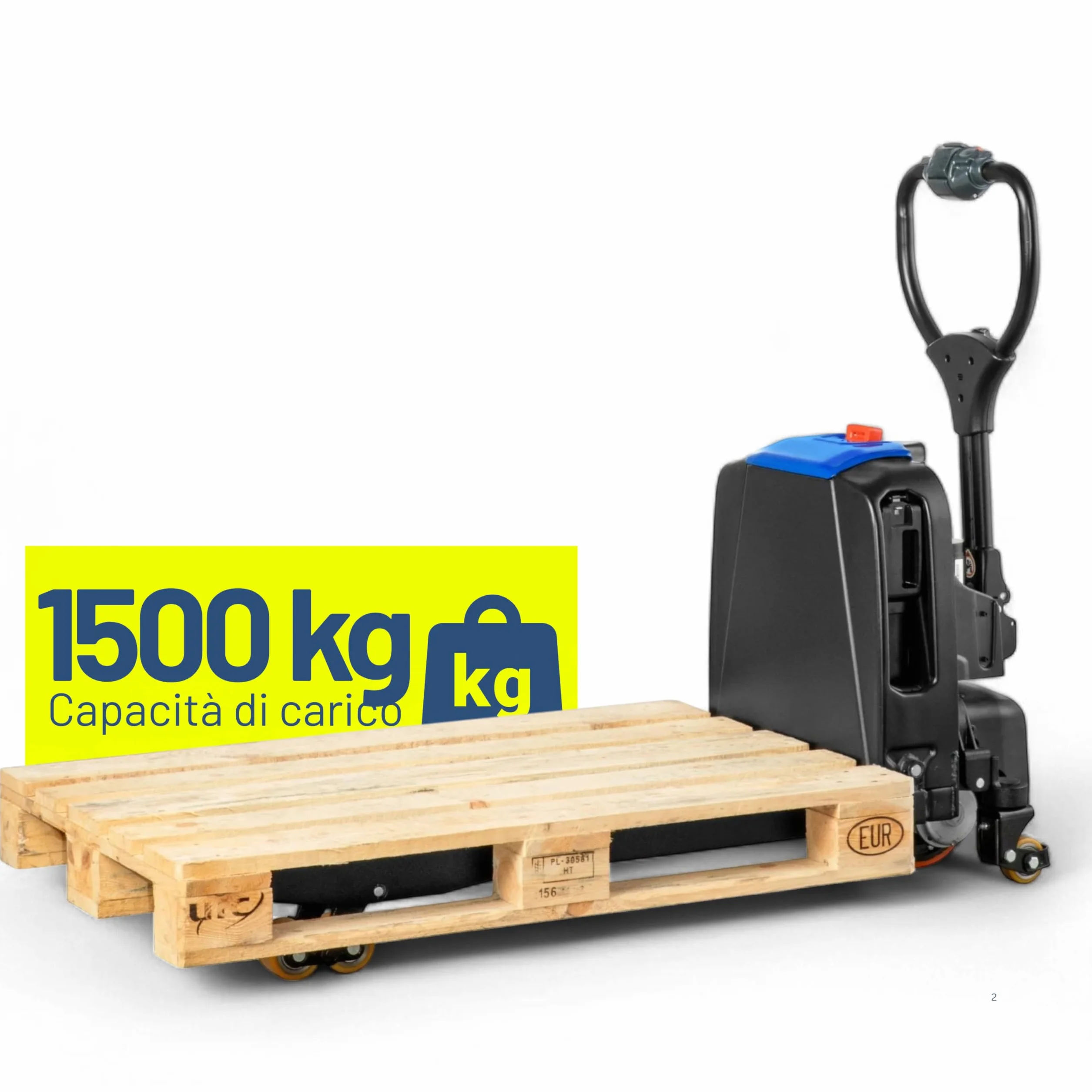 Pallit Transpallet Elettrico 1500 kg ONE-F4 con Batteria Litio 20 Ah, Carrello Elevatore Compatto per Spazi Stretti, Muletto Elettrico Sicuro con Rulli di Supporto