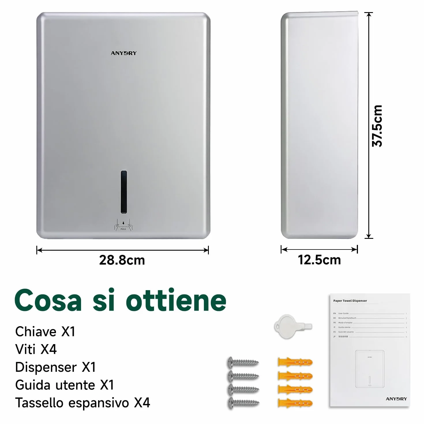anydry Dispenser Asciugamani di Carta a Parete, Piega H3/V/ZZ, 25,2 x 11,5 cm, Modello 5302H, Argento
