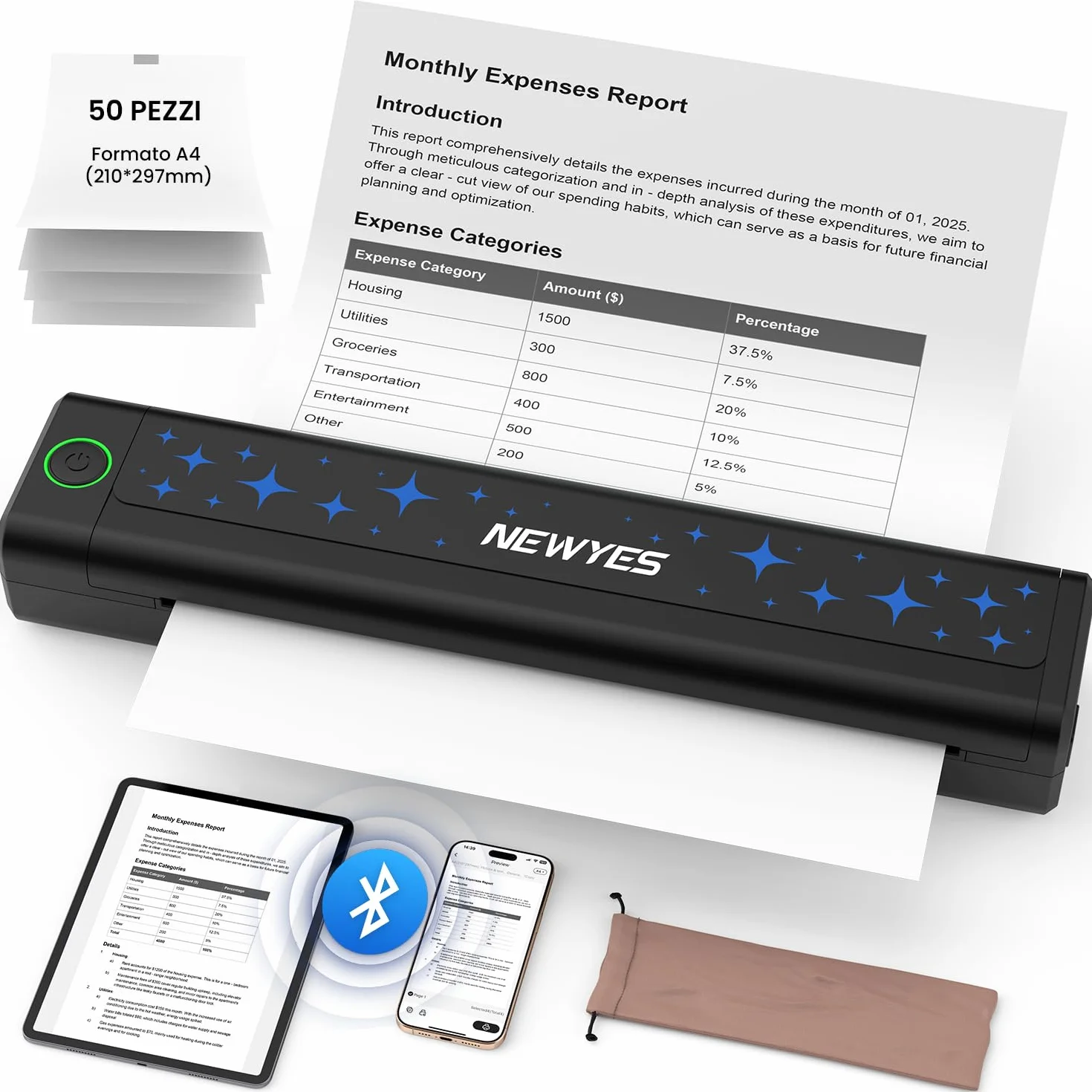 NEWYES Stampante termica portatile Stampante senza inchiostro Connettività wireless Viaggi d'affari Uso domestico di istruzione
