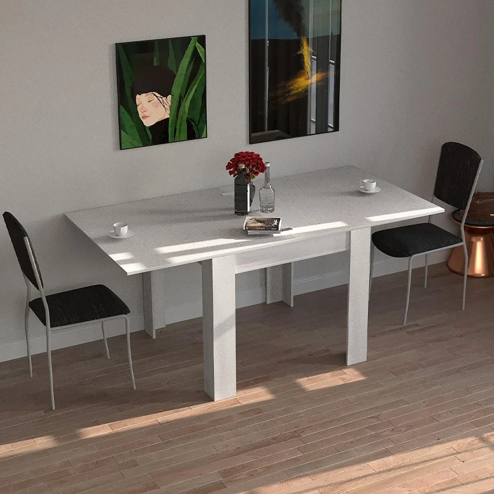 BAKAJI Tavolo Quadrato Allungabile 90x90 cm, Apertura a Libro, Design Moderno Ribaltabile, 4-8 Posti, Bianco Frassinato