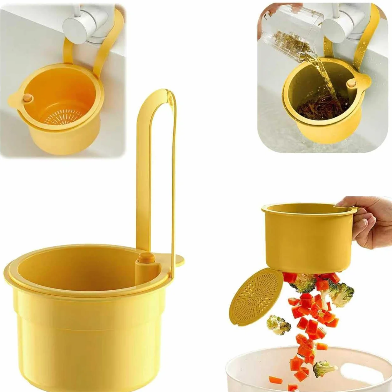 Scolapasta a Scatto per Lavello,Colino per lavello, filtro di scarico 3 in 1, Cestino filtro rimovibile per lavare e scolare,per Cucina, Lavandino (Giallo)