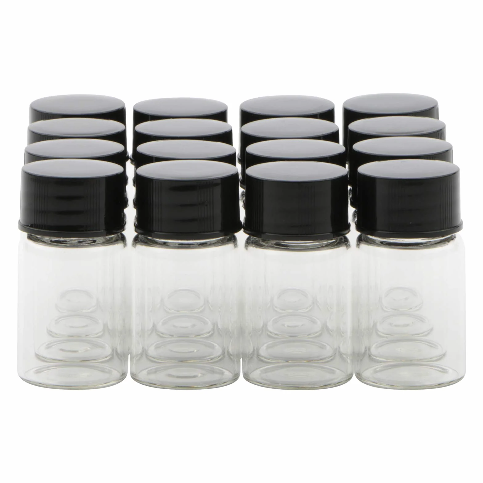 Mini flaconcini trasparenti in vetro 7 ml con tappo a vite nero, contenitori da viaggio per test di laboratorio, confezione da 16