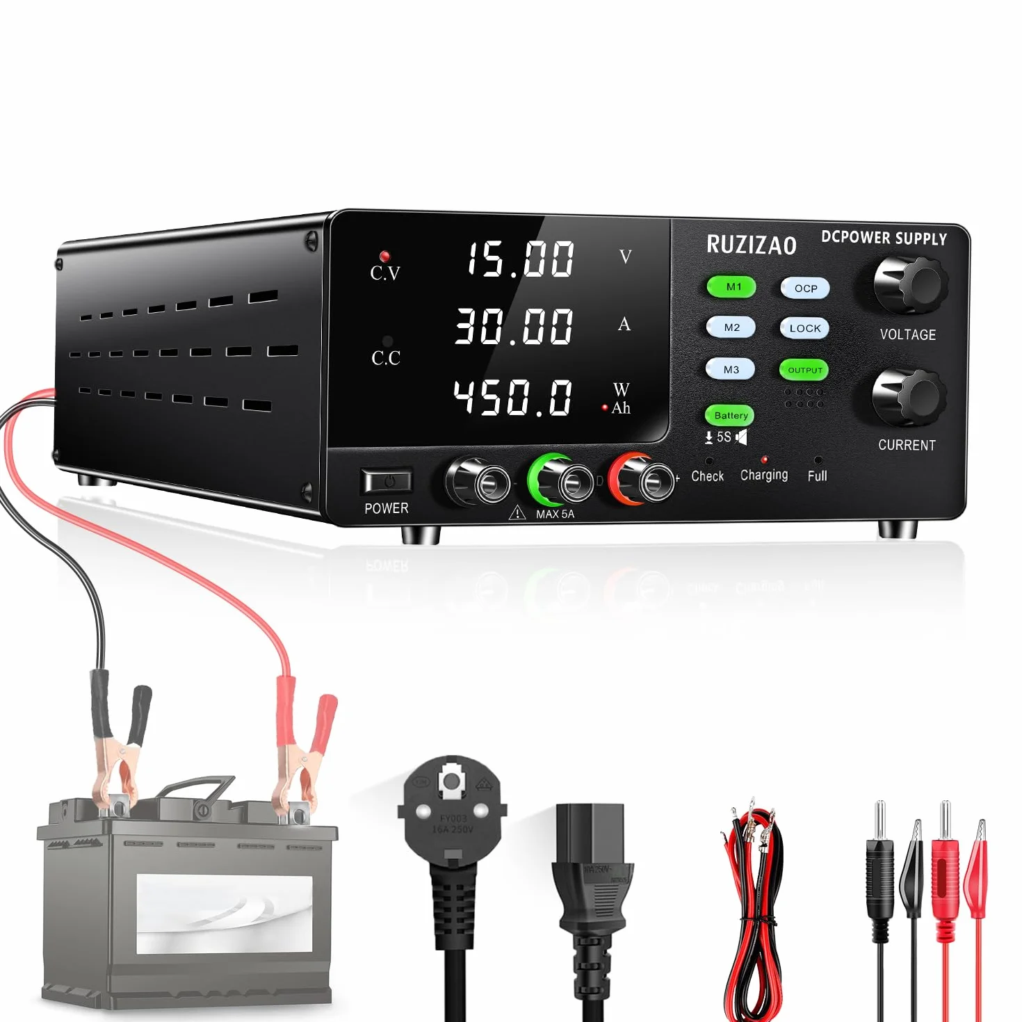 Alimentatore da Banco 15V 30A 450W Alta Potenza, Per la 6V 12V Ricarica Della Batteria etc. Alimentatore da Laboratorio, Funzione di Archiviazione Dati,Uscita pulsante,Pulsante OCP