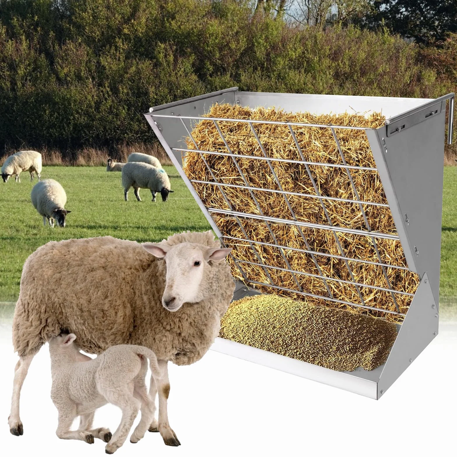 Grande Mangiatoia per Cavalli, 2 in 1 Mangiatoia per Capre Sospese, Rastrelliera per Fieno Sospesa per Capre con Griglia Salva-mangime e Ganci Regolabili per Fieno Capre Pecore Cavalli