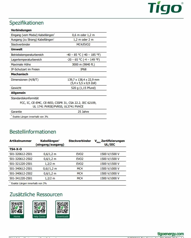 Tigo Energy TS4-X-O MC4 800W 20A ottimizzatore Ottimizzatore per prestazioni fotovoltaiche