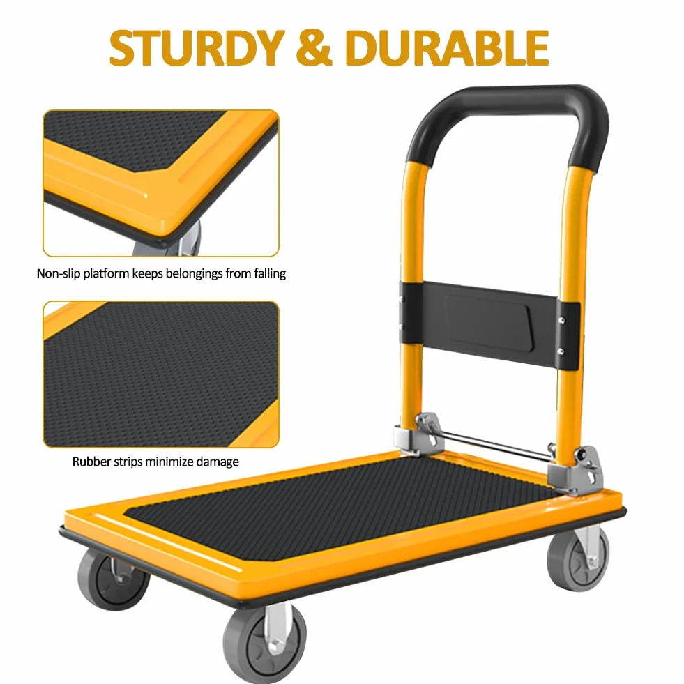 Carrello a Piattaforma Carrello Trasportatore Pieghevole Portata 300 kg 77x50cm Rivestimento Antiscivolo con 360° Ruote Silenziose (Giallo)