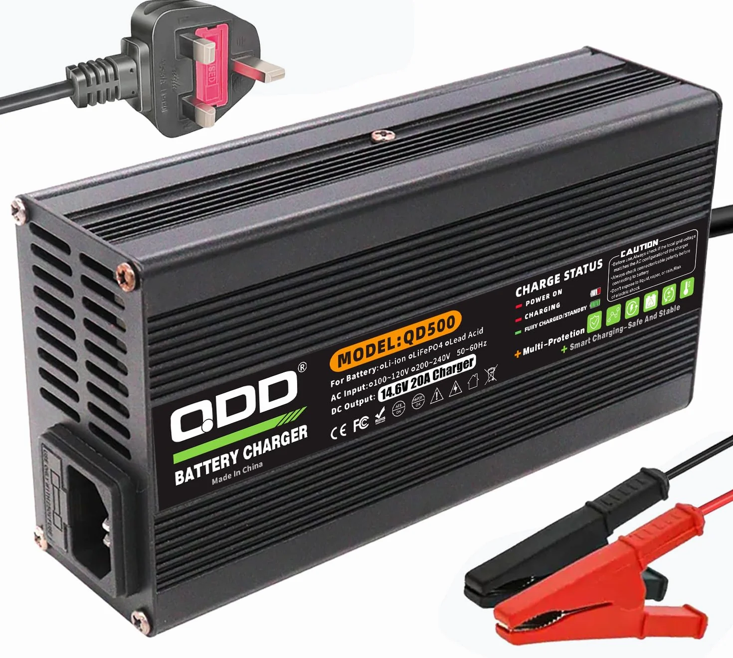 QDD Caricatore intelligente di manutenzione della batteria 12V 20A 14.6V Litio LiFePO4 Caricabatteria per barche camper, veicoli commerciali, batterie ricaricabili a ciclo profondo
