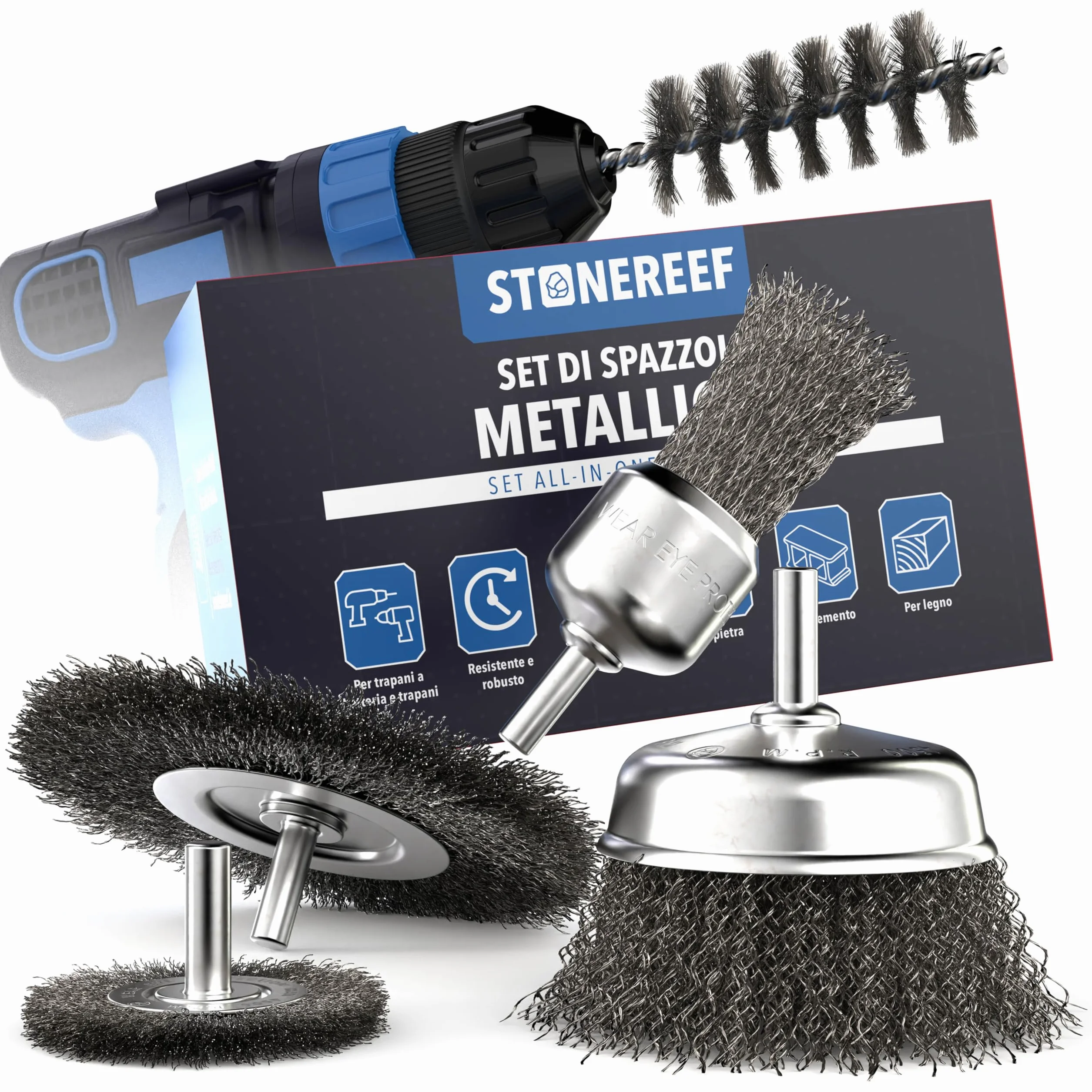 STONE REEF Set di 5 spazzole metalliche, fusto rotondo da 6 mm, trapani, avvitatore a batteria, accessori universali per la lavorazione della superficie, ideale per rimuovere la ruggine e rimuovere
