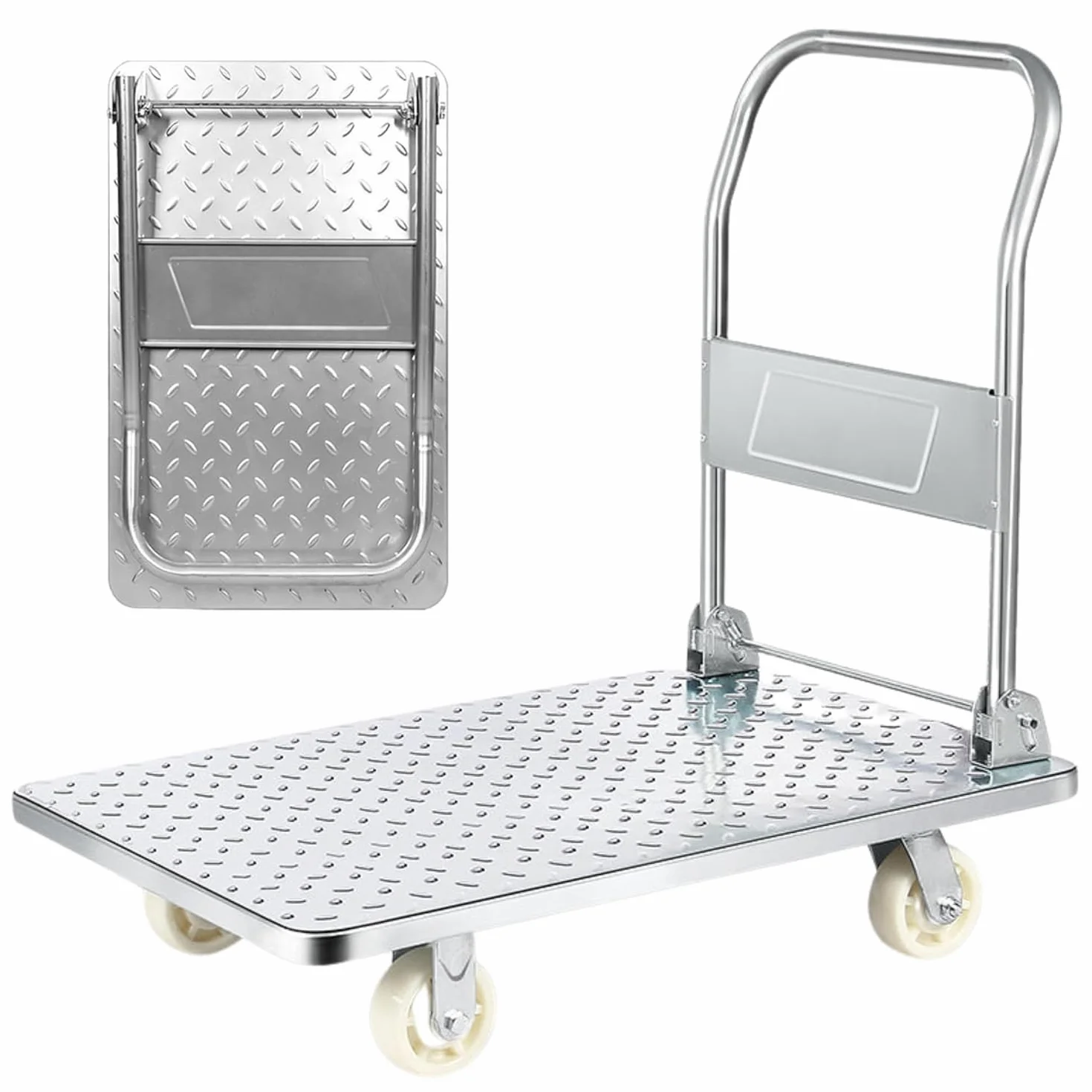 Carrello a piattaforma con ruote. Carriola pieghevole con carico di 400 kg. Carrello con piattaforma manuale, trasporto anticollisione per traslochi, magazzino. Acciaio al titanio.