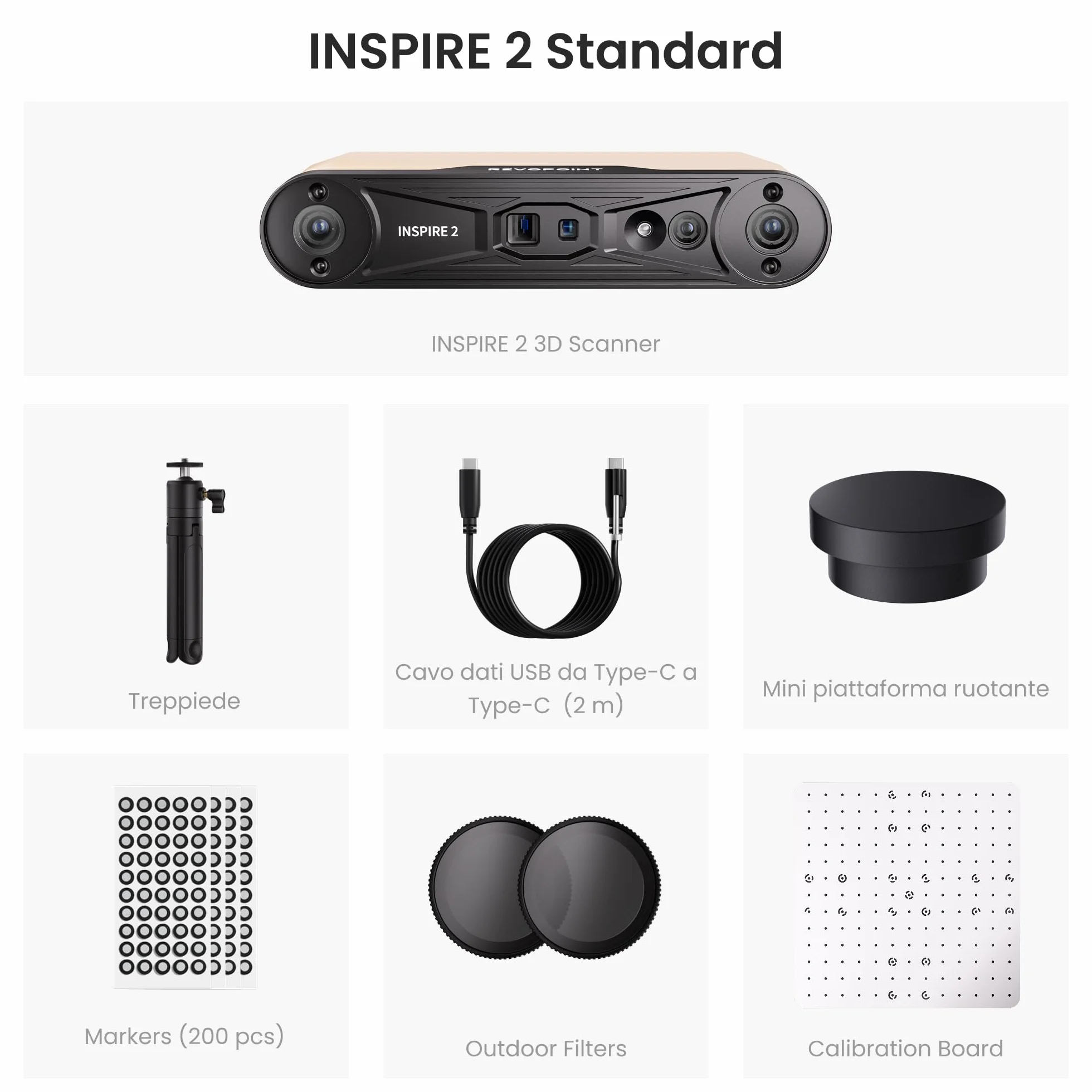 Revopoint INSPIRE 2 Scanner 3D per stampa 3D, Precisione da 0,03 mm, Laser Multilinea e Luce Strutturata, Scansione Wireless per Esterni, Scansioni a Colori, per iOS/Android/macOS/Win10/11, Standard