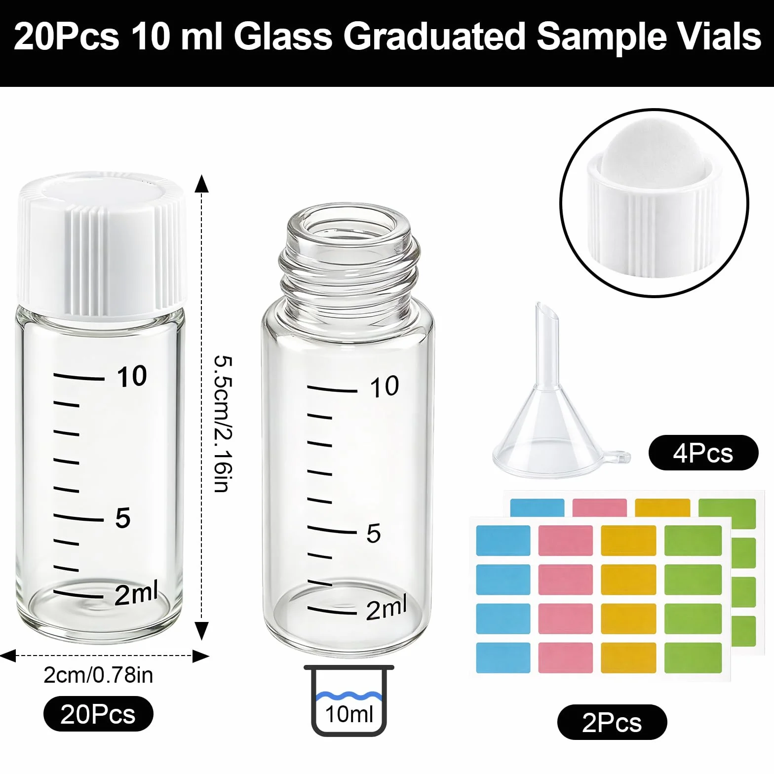 20 flaconcini di campione da 10 ml, piccole fiale di vetro con tappo a vite bianco, trasparente, campionamento di vetro, mini bottiglie di vetro con scala, flaconcini da laboratorio per