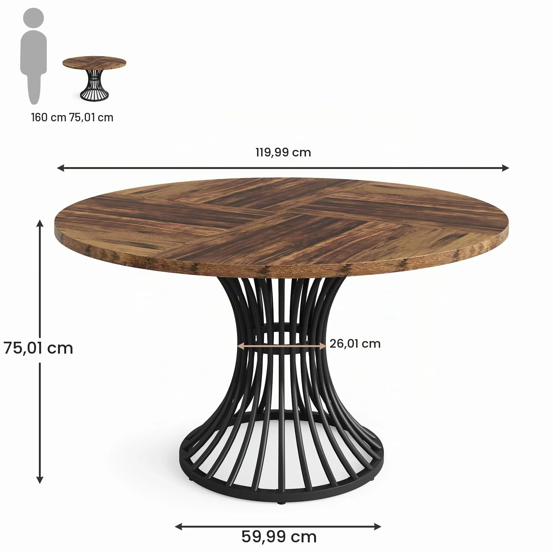 Tribesigns Tavolo da pranzo rotondo da 120 cm, per 4-6 persone, stile rustico e design industriale, stabile base in metallo per cucina e soggiorno, nero-marrone
