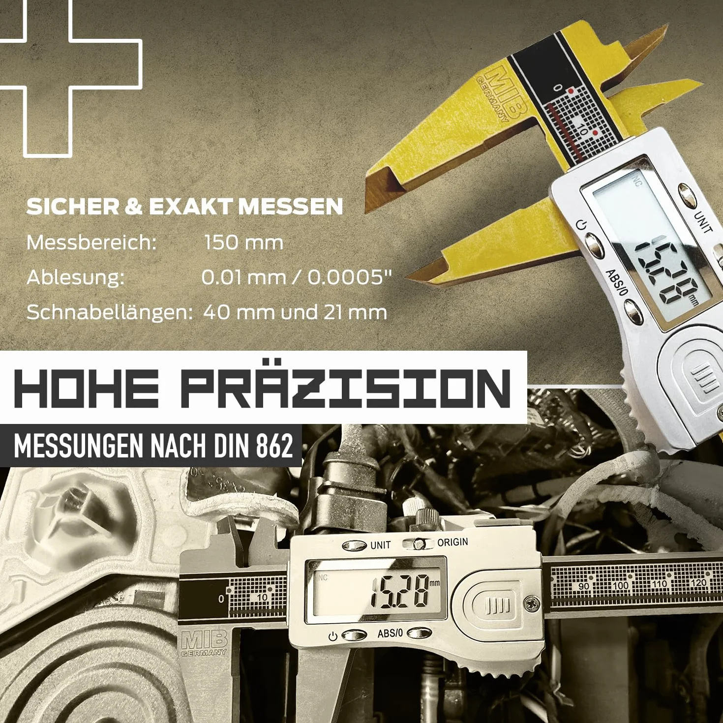 MIB Calibro digitale con sistema assoluto e rivestimento TiN DIN 862, 150 mm, misuratore di precisione, misurazione a 4 livelli, calibrazione, set di utensili digitali con batteria da 3 V e scatola di