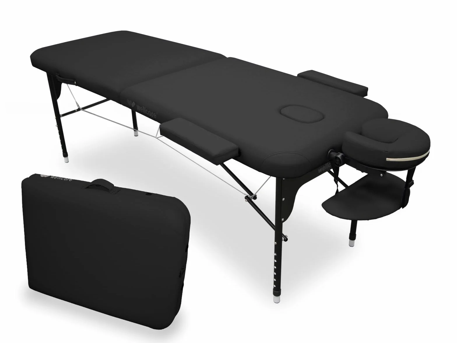 WELLCORE - Barella pieghevole in alluminio, 185 x 65 cm, ecopelle, altezza regolabile, testa snodata, foro facciale, bracci laterali, colore nero, zaino da trasporto, fino a 225 kg