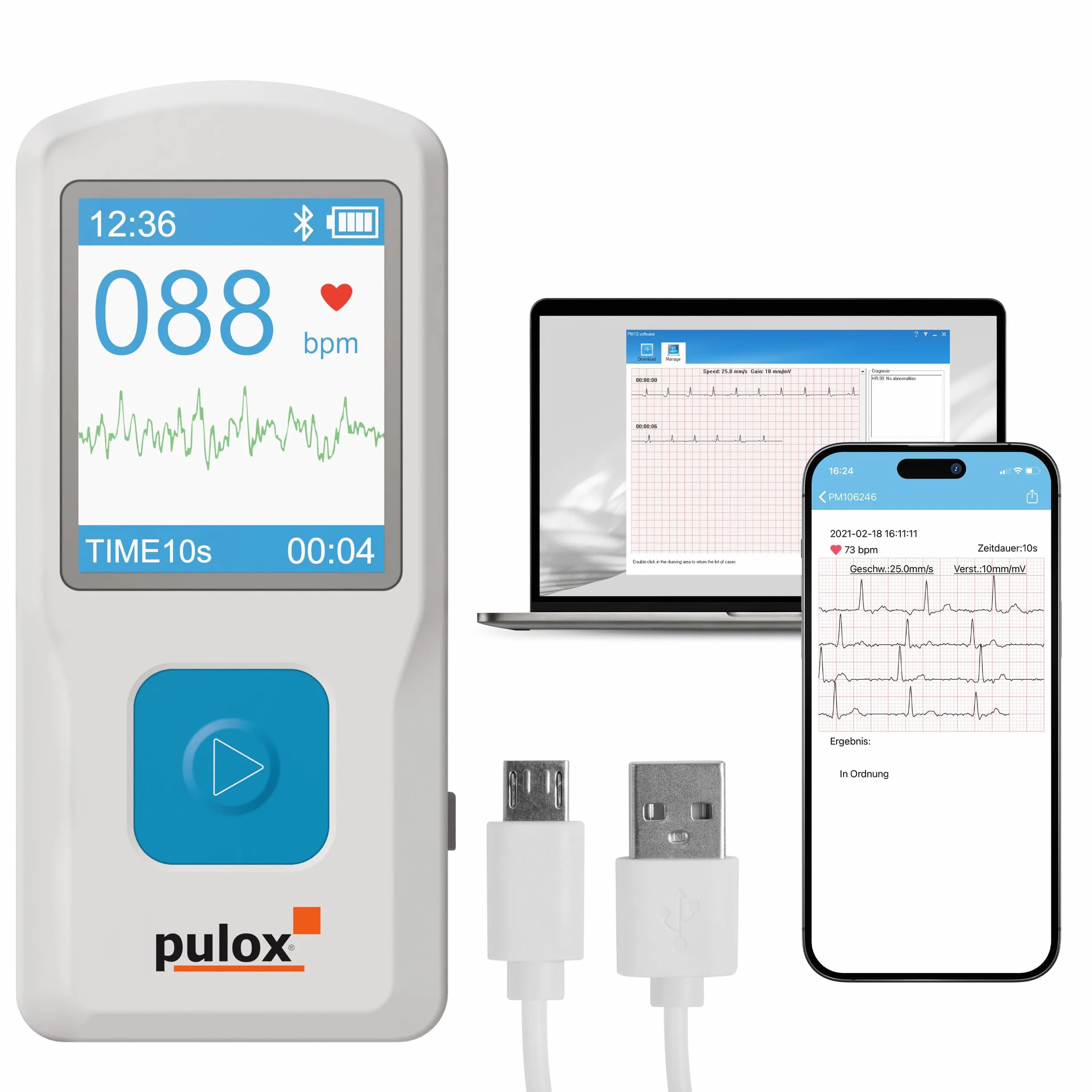 Pulox PM10 - Dispositivo ECG monocanale mobile - Monitor ECG con analisi, USB, app per smartphone e software per PC