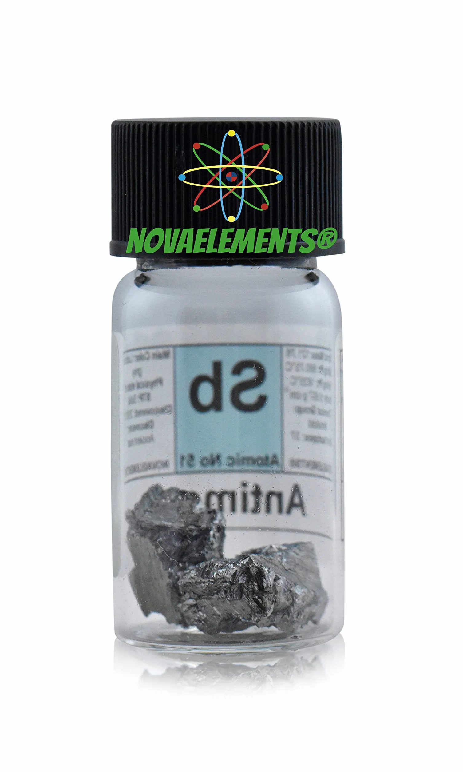 Antimonio elemento 51 Sb, campione puro 5 grammi 99,99% in fiala di vetro con etichetta