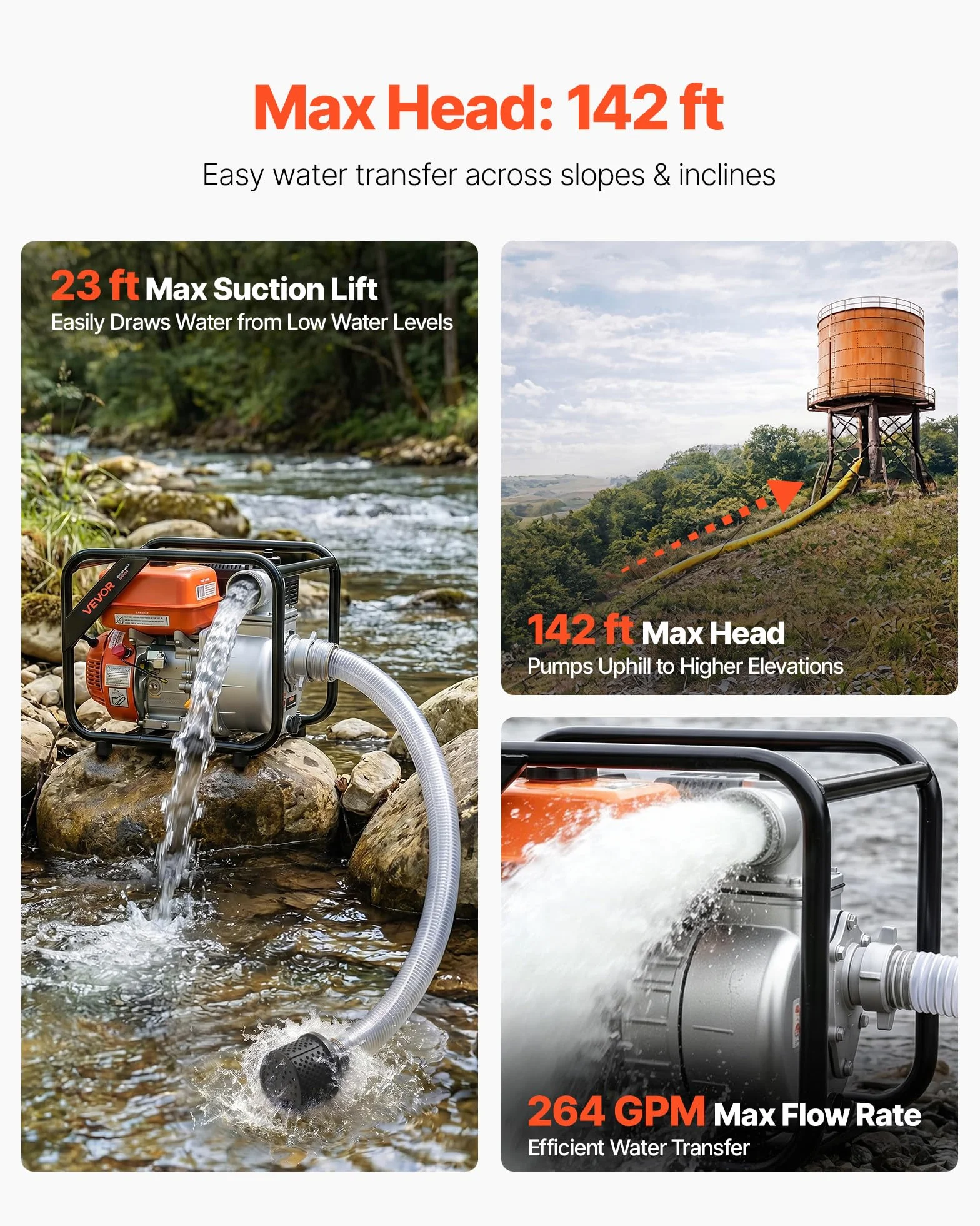 VEVOR Pompa Acqua a Benzina, Motopompa per Irrigazione Prato Laghetti Piscina Giardino 59960 L/H, Trasferimento Acqua 7 CV, Pompa Acqua con Motore a Benzina Tubo 7,6m Dimensioni Porta 76,2 mm