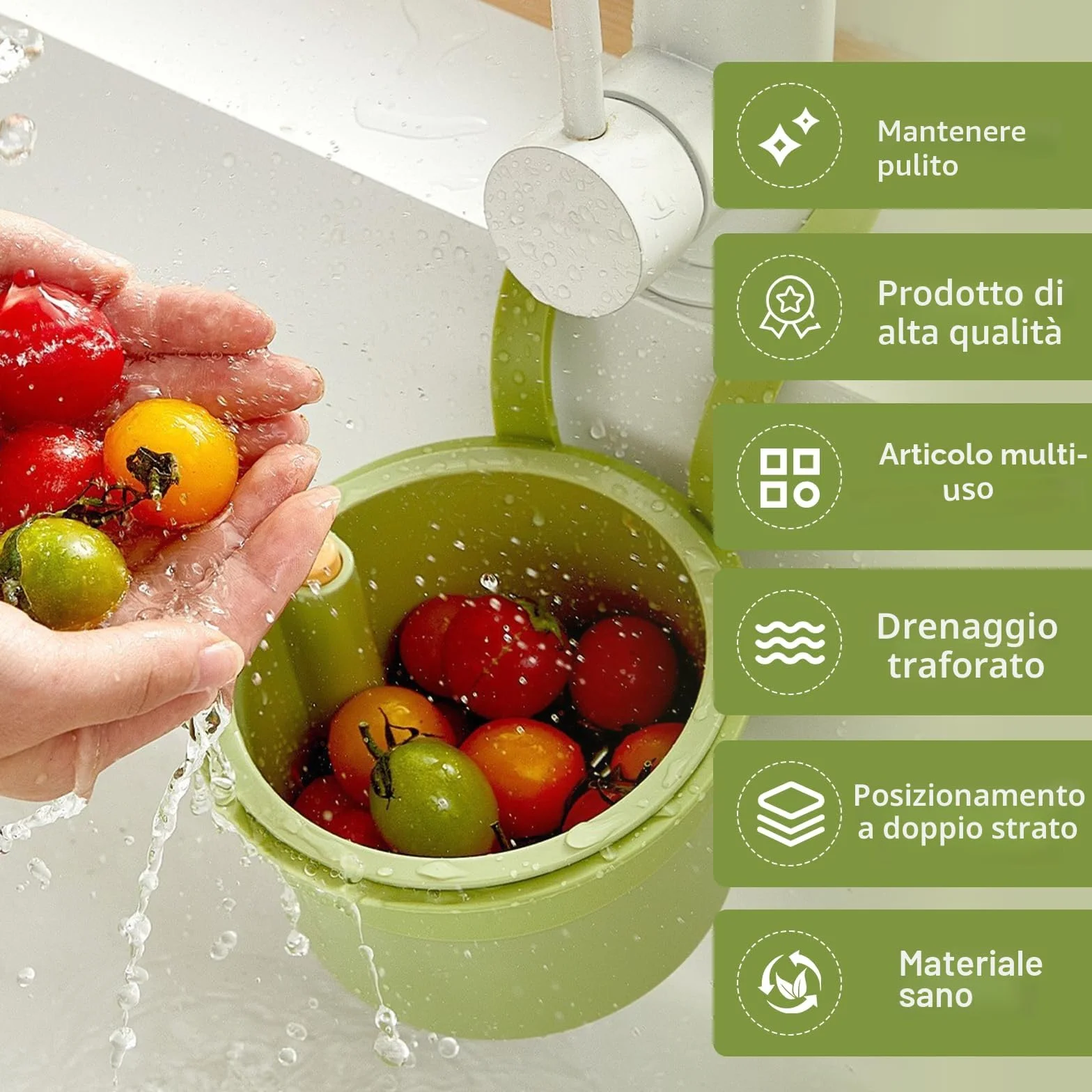 Zikenis Cestello di scarico in plastica,filtro di scarico multifunzione,adatto alla maggior parte dei rubinetti standard,per il lavaggio e lo stoccaggio in cucina (verde)