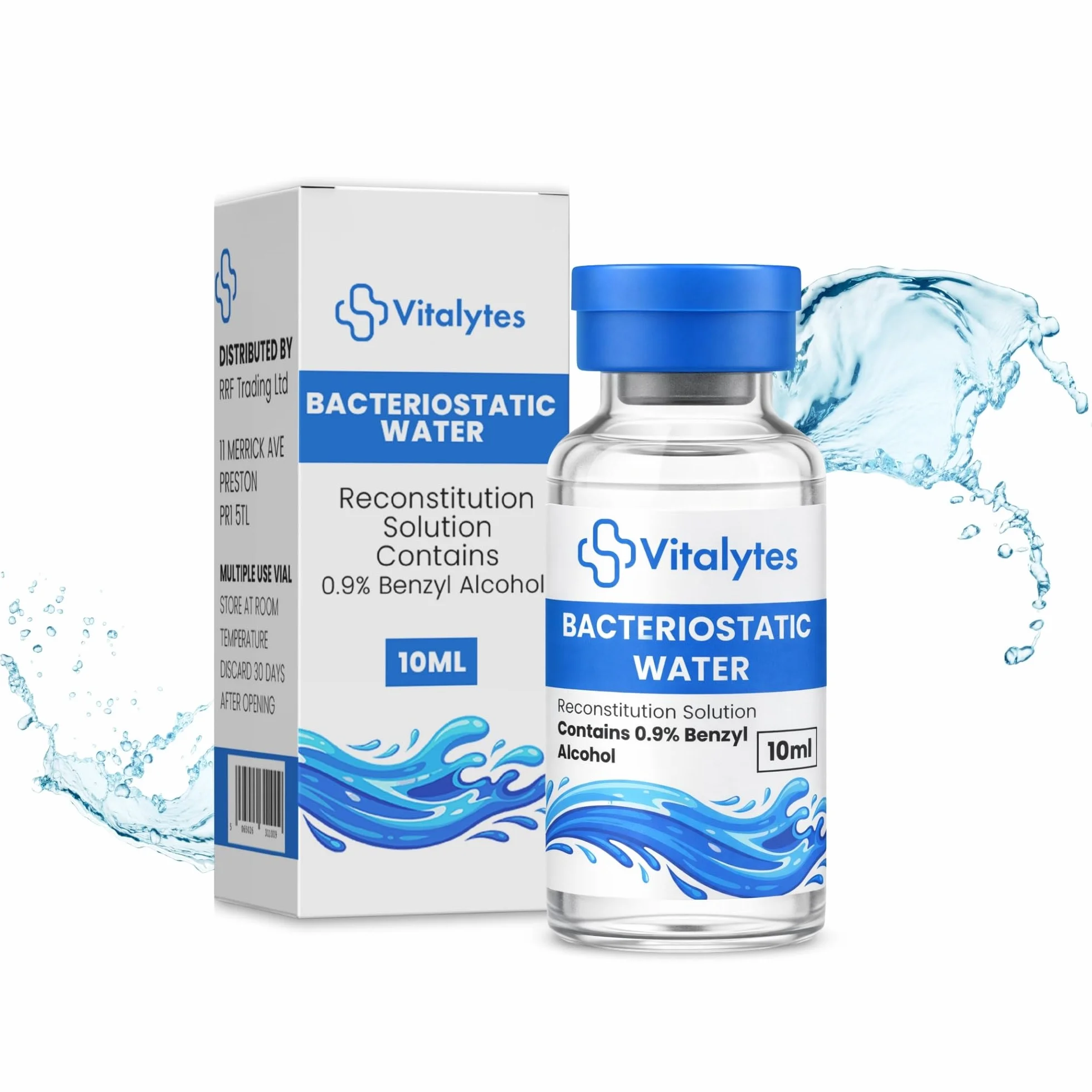 Vitalytes Acqua batteriostatica 10 ml soluzione ricostituzione laboratorio alcool benzilico 0,9% diluente sterile vetro borosilicato