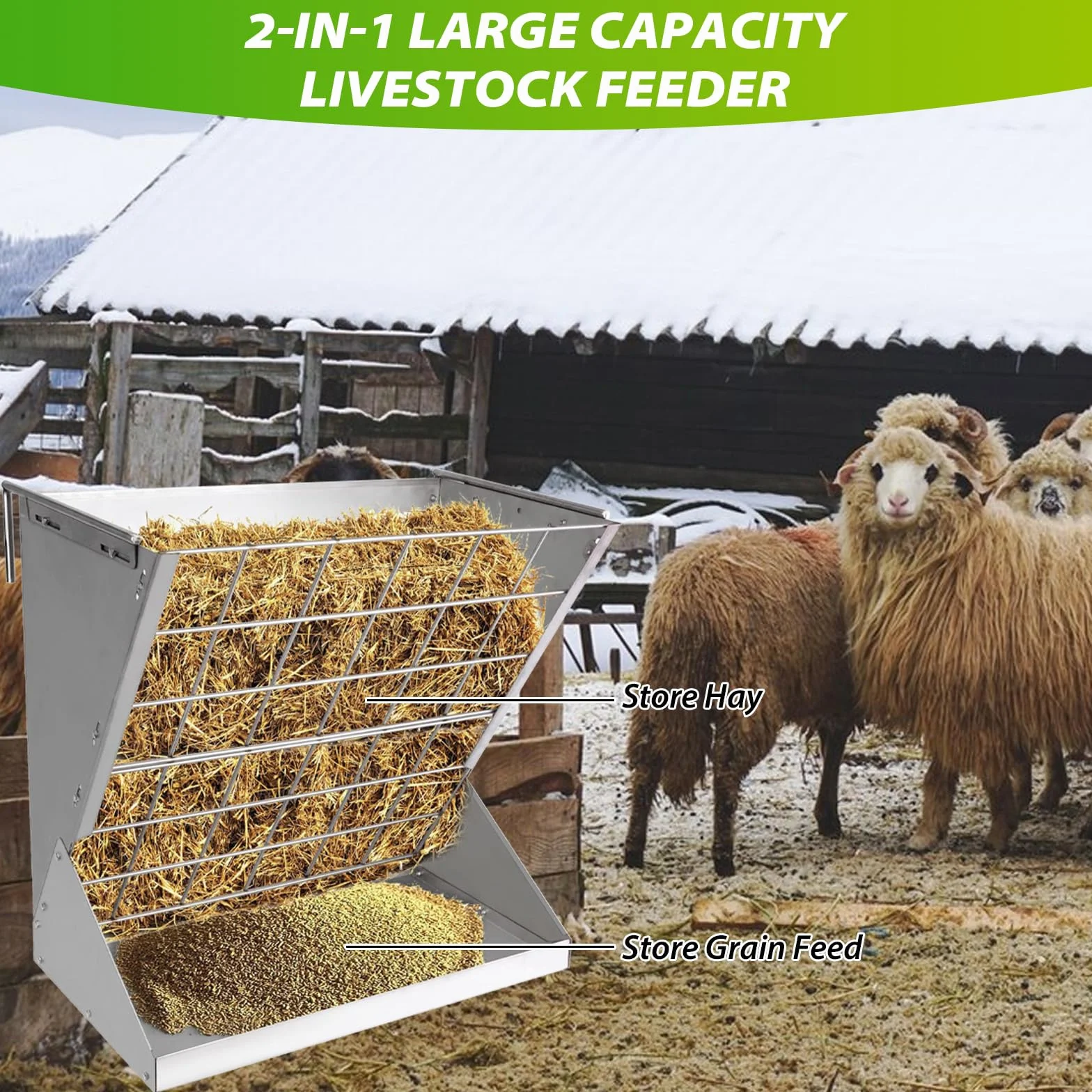 Grande Mangiatoia per Cavalli, 2 in 1 Mangiatoia per Capre Sospese, Rastrelliera per Fieno Sospesa per Capre con Griglia Salva-mangime e Ganci Regolabili per Fieno Capre Pecore Cavalli
