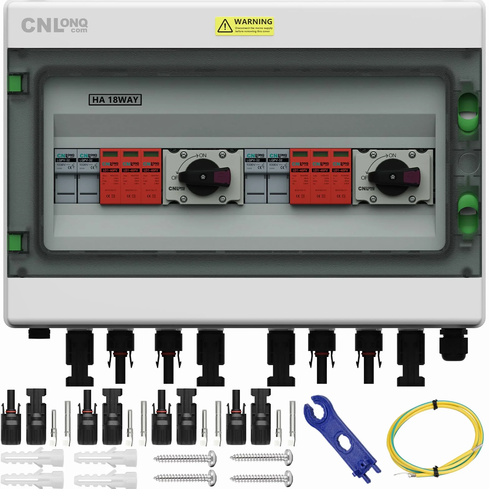 Scatola Combinata Fotovoltaica 2 ingressi 2 uscite DC1000V 32A Interruttore Automatico, Limitatore di Sovratensione e Fusibile da 15A con Scatola di Giunzione IP65 per Pannelli Solari
