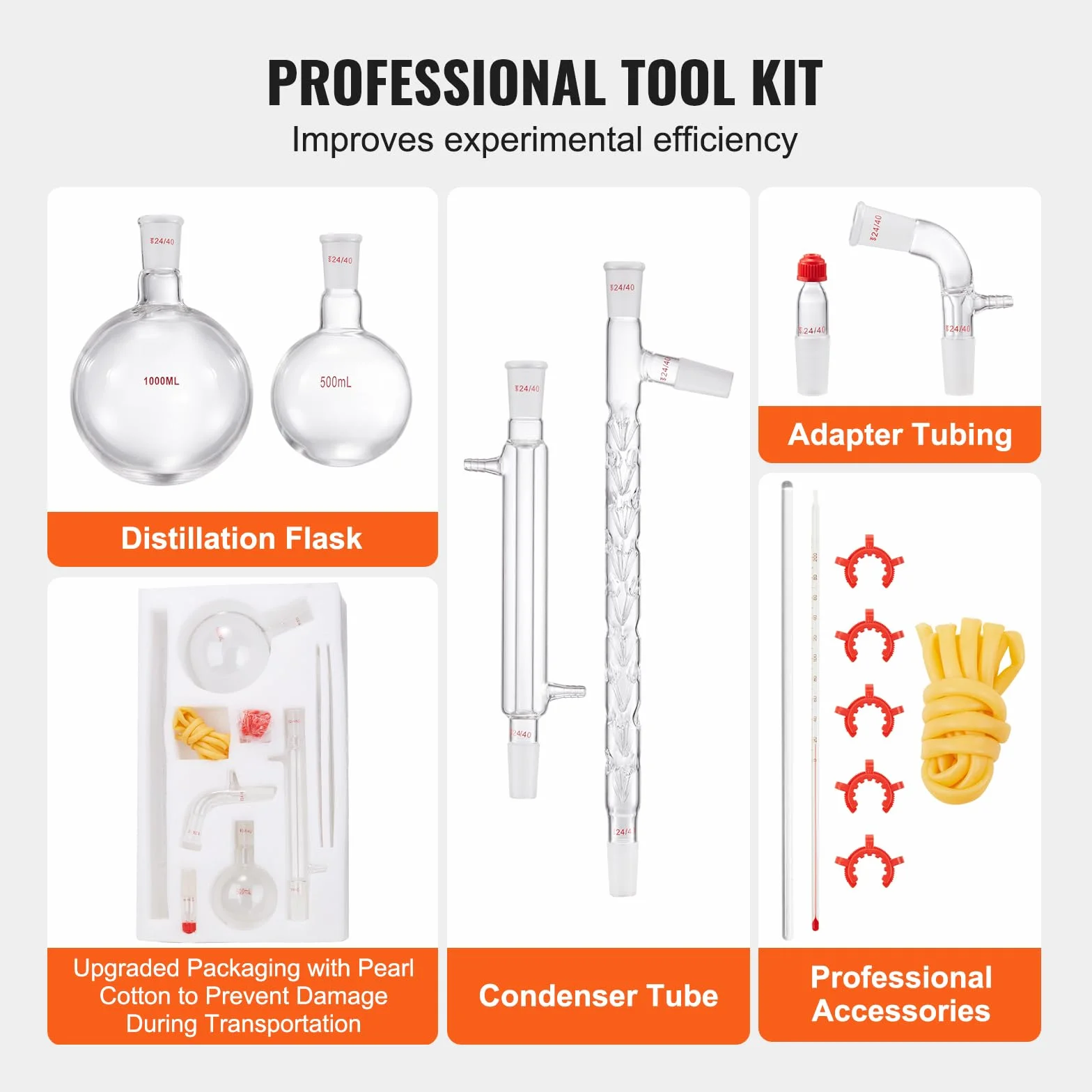 VEVOR Kit di Distillazione,14 Pezzi Kit di Vetreria da Laboratorio, Giunti 24/40 Kit di Distillazione da Laboratorio, 1L Kit di Vetreria per Purificatore in Vetro, per Essiccazione, Cristallizzazione