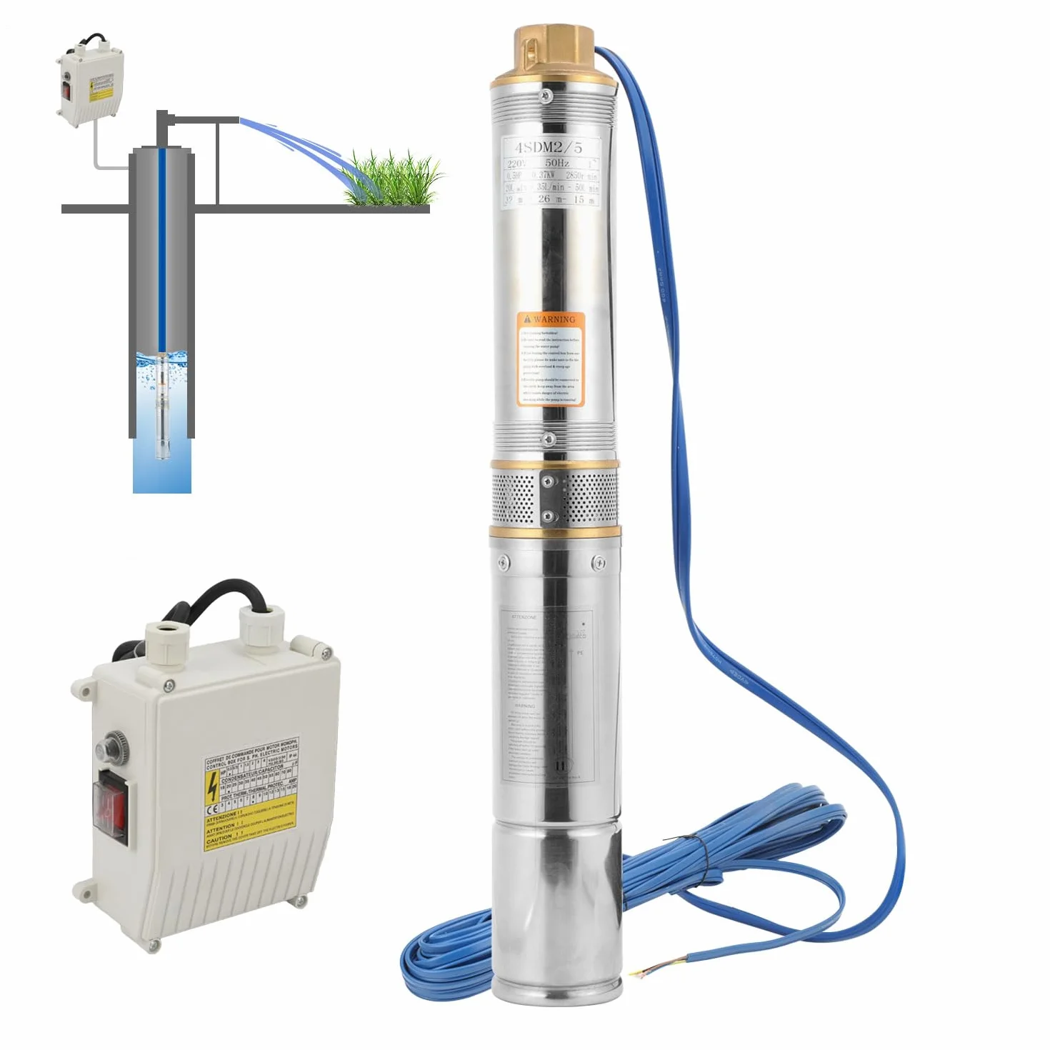 Pompa per fontana profonda 1100 W, 4000 l/h, 939 mm, pompa dell'acqua in acciaio inox, pressione 8,1 bar, altezza massima di mandata 81 m, max. 35 °C