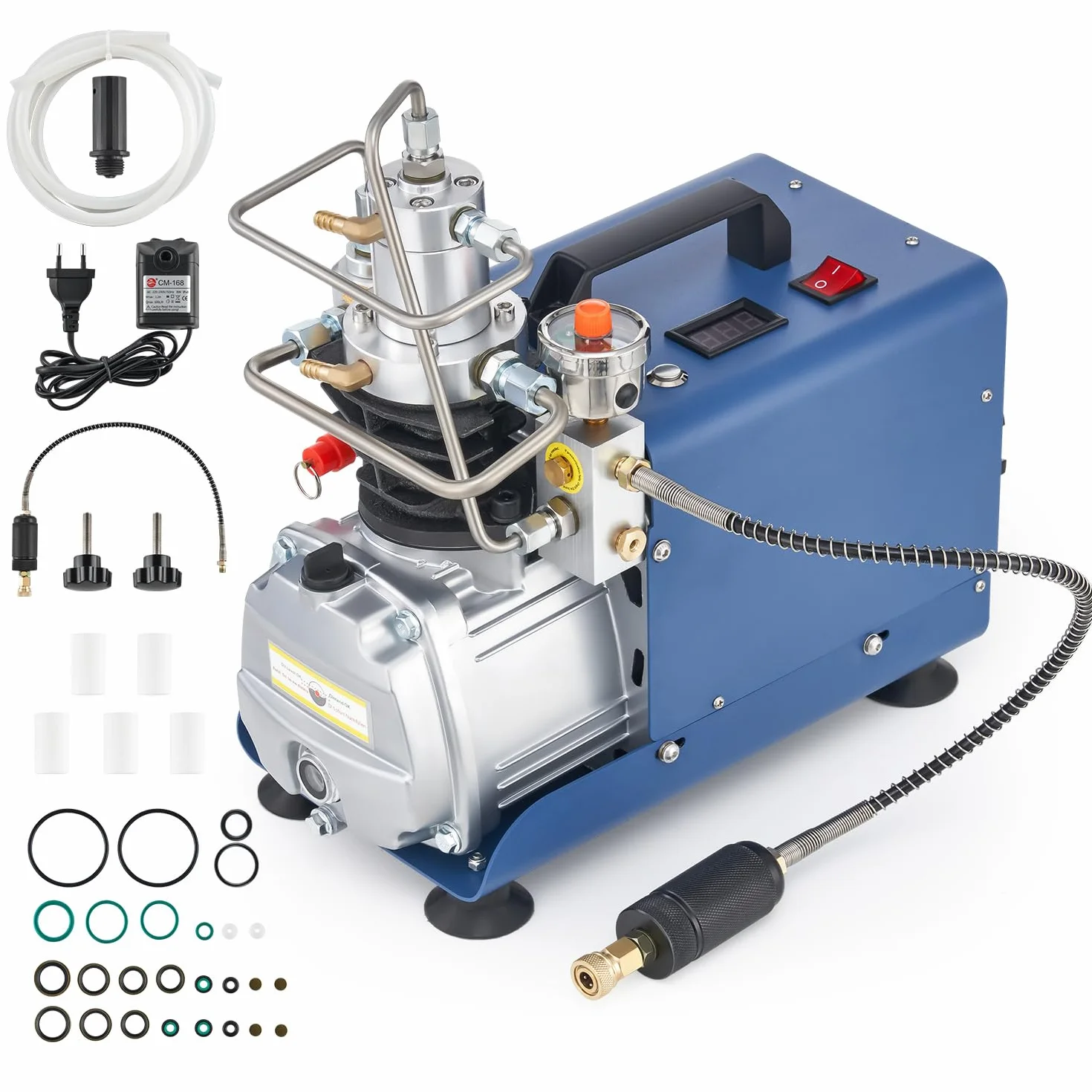 CREWORKS Compressore PCP 300 Bar/4350PSI da 1800W Pompa PCP 300 Bar Compressore Aria 30MPA con Raffreddamento Aria e Acqua per Bombole Subacquee Attrezzature Pneumatiche (con Pressione Preimpostata)