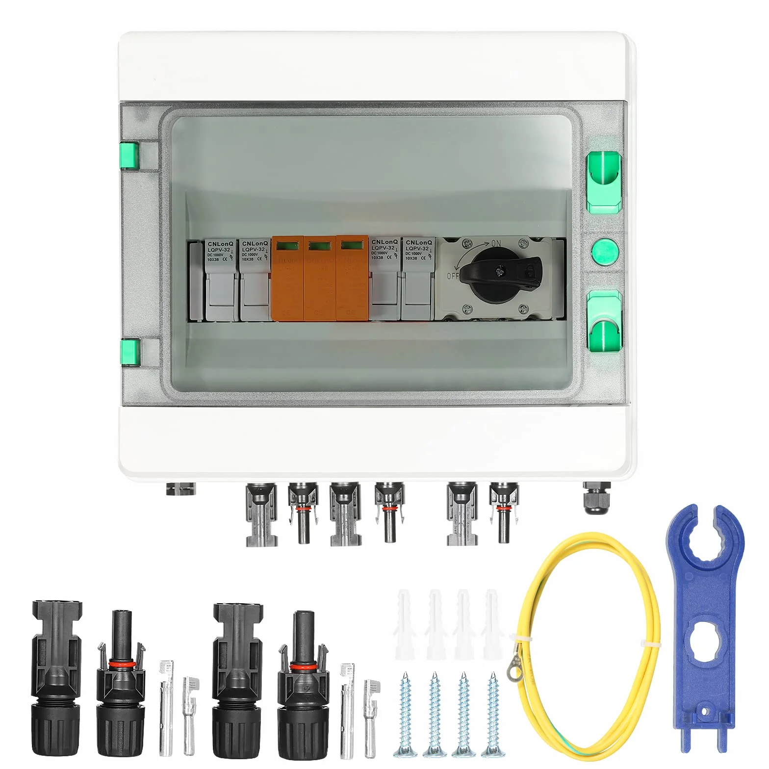 BuyWeek Scatola Combinatrice Fotovoltaica, Scatola di Distribuzione Solare IP65 Impermeabile con Fusibili da DC 15A, Interruttore di Isolamento 32A DC 1000V e Scaricatore 2P DC 1000V 40KA