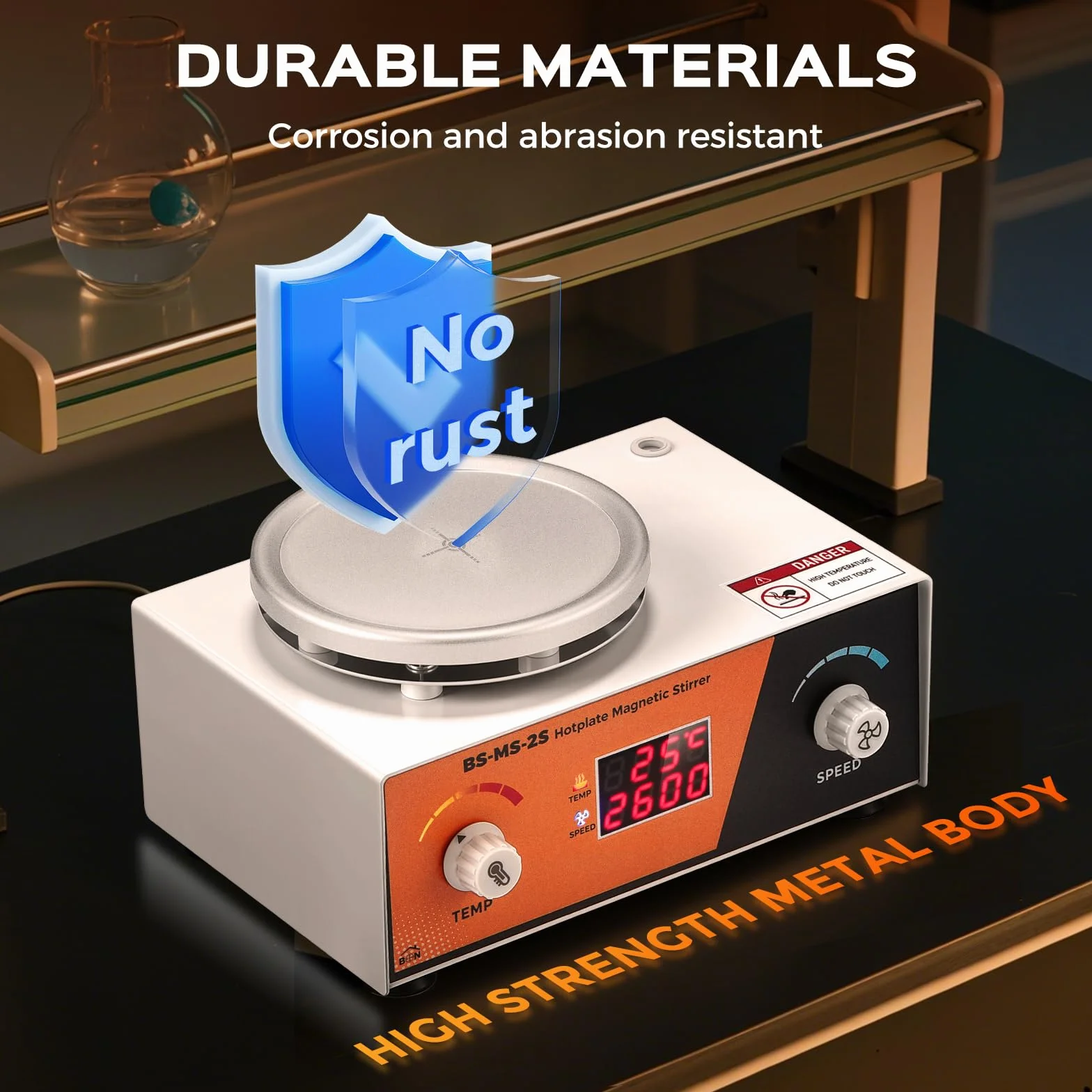 Bonviosin Agitatore Magnetico con Piastra Riscaldante 2L, Display Digitale 700-2600 RPM, Mixer da Laboratorio 100℃ 180W, Asta Supporto Sensore Pieghevole, 120x120 mm (EU)