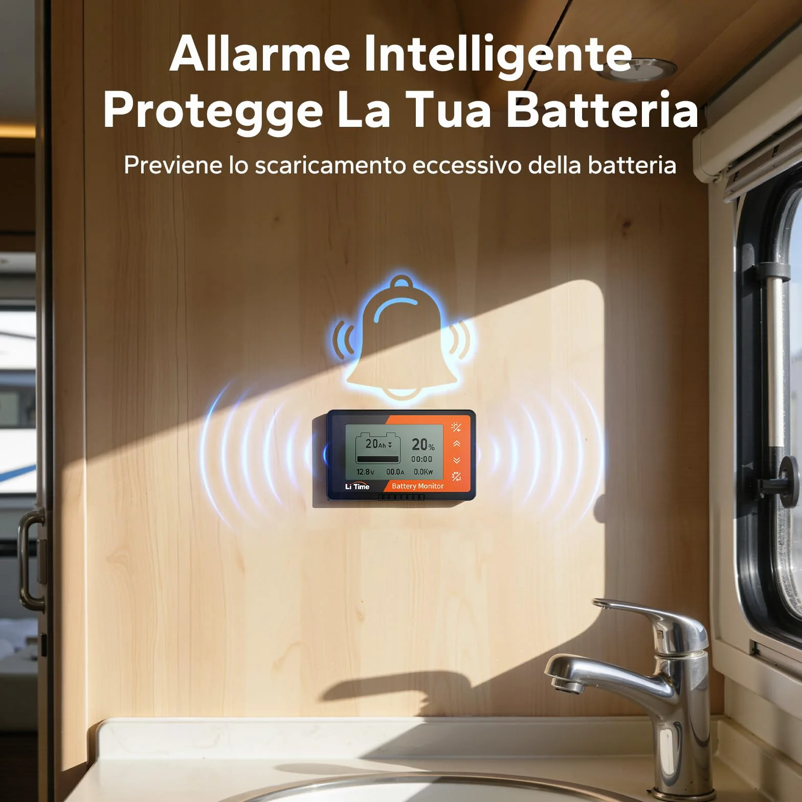 LiTime Battery Level Monitor con Shunt, Monitor del Livello della Batteria da 500A 8V-120V con Schermo LCD Retroilluminato, Allarme con Cicalino per Camper, Carrello da Golf, Pannello Solare