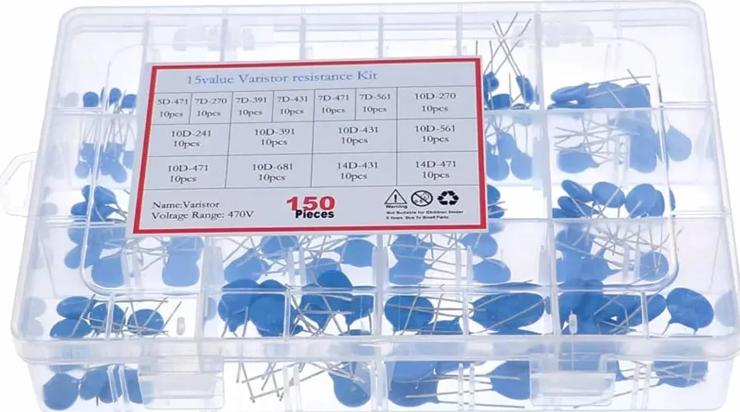 LeHang 150pcs 15value Varistor Resistor Kit 5D471K 7D471K 7D431K 10D471K 10D431K 10D241K 10D391K 14D431K 14D471K