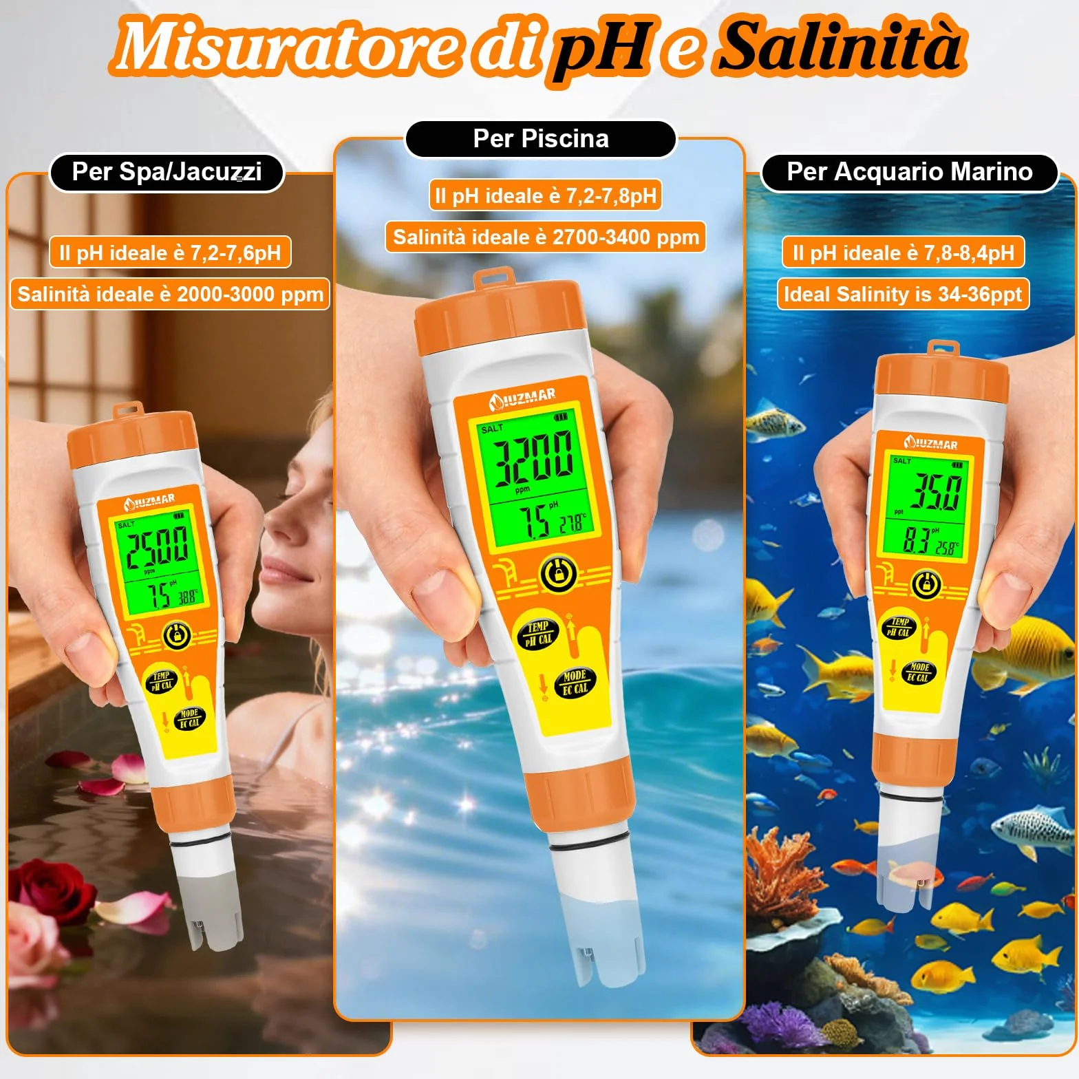 UIUZMAR Misuratore Salinità e pH Acqua, Misuratore pH Sale per Piscina, Misuratore Salinita pH EC TDS Temp 5 in 1 per Acquario Marino, Piscina Salata, Acqua Potabile, Idroponica