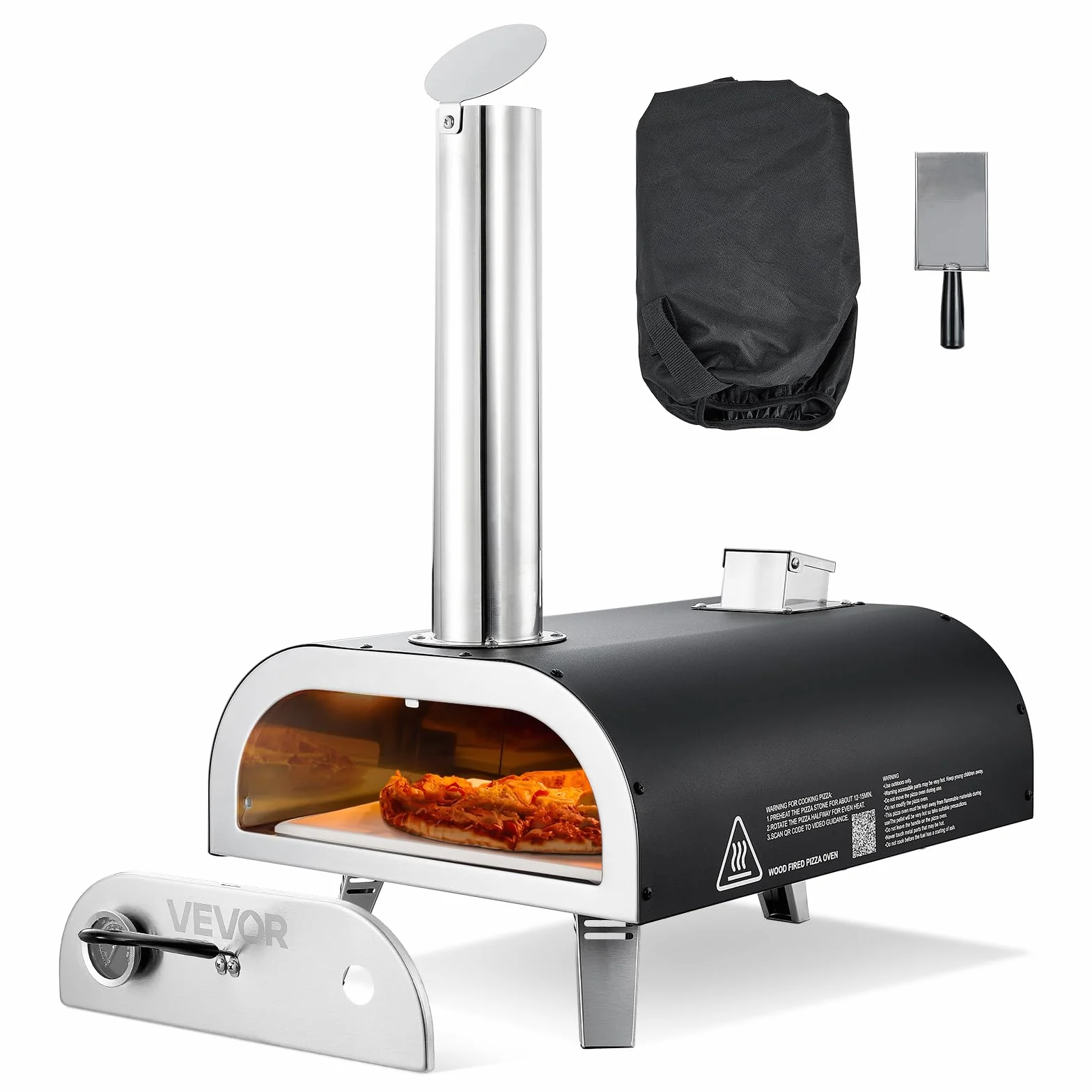 VEVOR Forno per Pizza da Esterno Portatile, Forno a Legna per Pizza da 12 pollici, Stufa a Pellet di Legno con Termometro per Campeggio all'Aperto, Cortile, Giardino, Nero