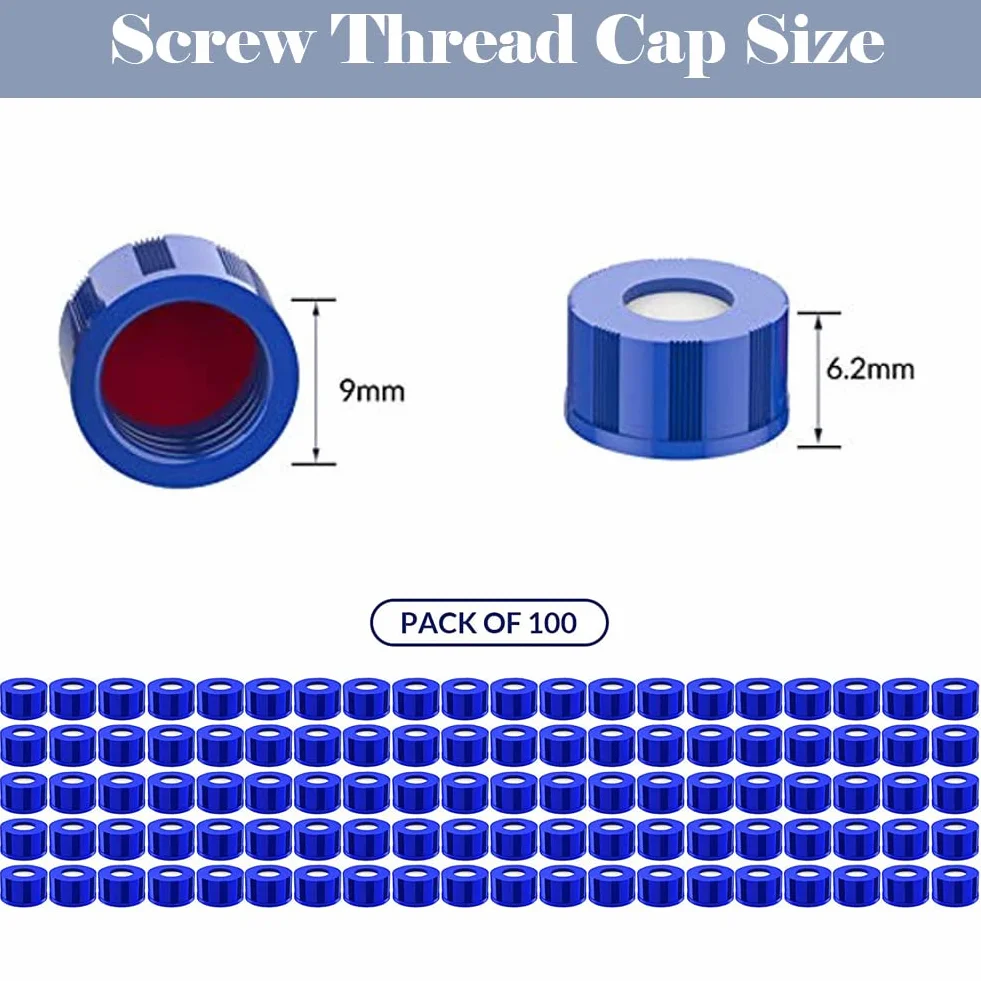 ALWSCI Tappo per Fiale Per Autocampionatore 9-425, Tappi a Vite In Polipropilene Blu da 9 Mm Con Setti In PTFE Rosso/Silicone Bianco, 100 Pezzi/Pz.