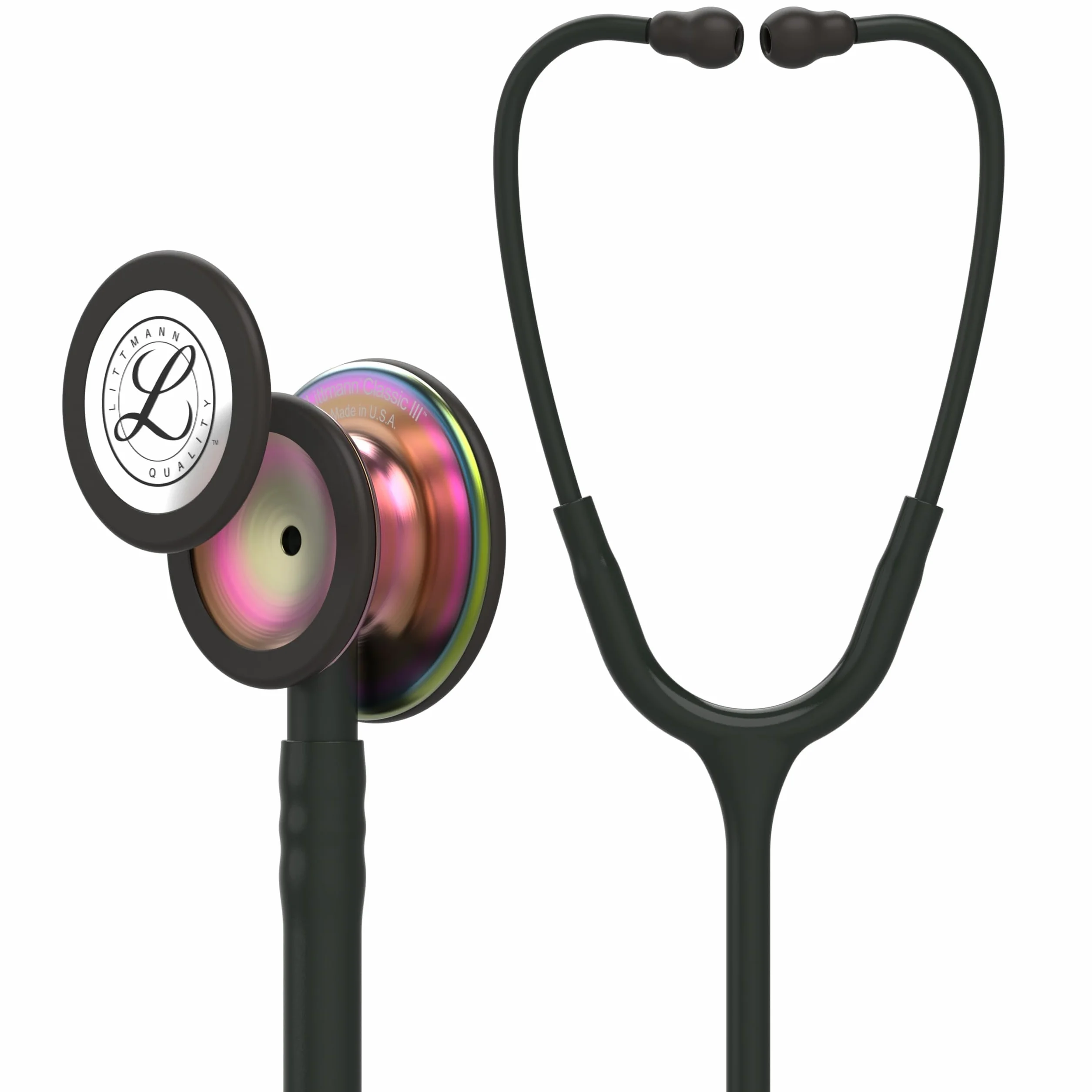 3M Littmann Stetoscopio per il monitoraggio Classic III, testina con finitura arcobaleno, connettore e archetto neri, tubo auricolare nero, 69 cm, 5870