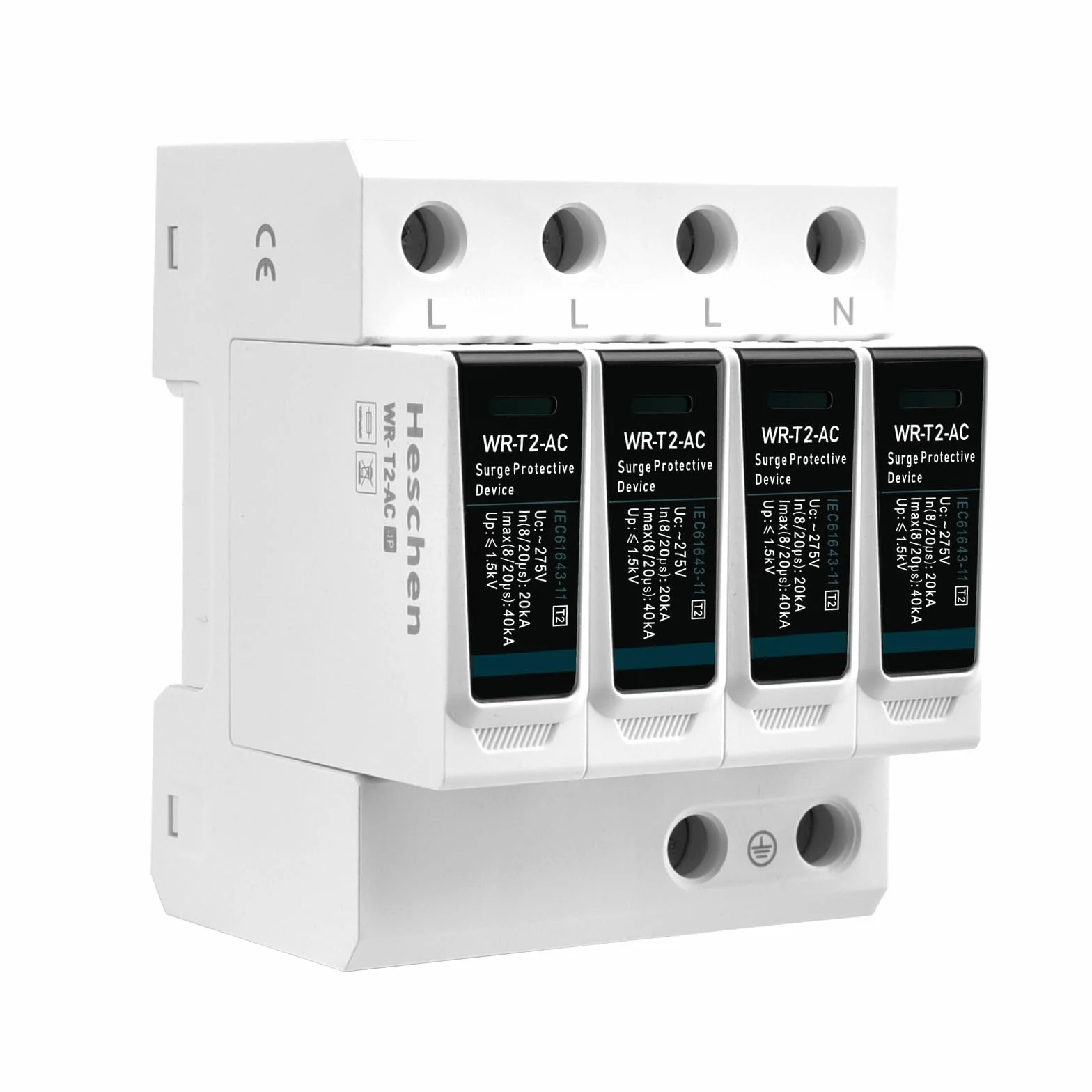 Heschen Dispositivo di protezione contro le sovratensioni SPD, WR-T2-AC, 4P 275V 20kA, tipo T2, ignifugo, dispositivo di parafulmine a bassa tensione, montaggio su guida DIN da 35mm
