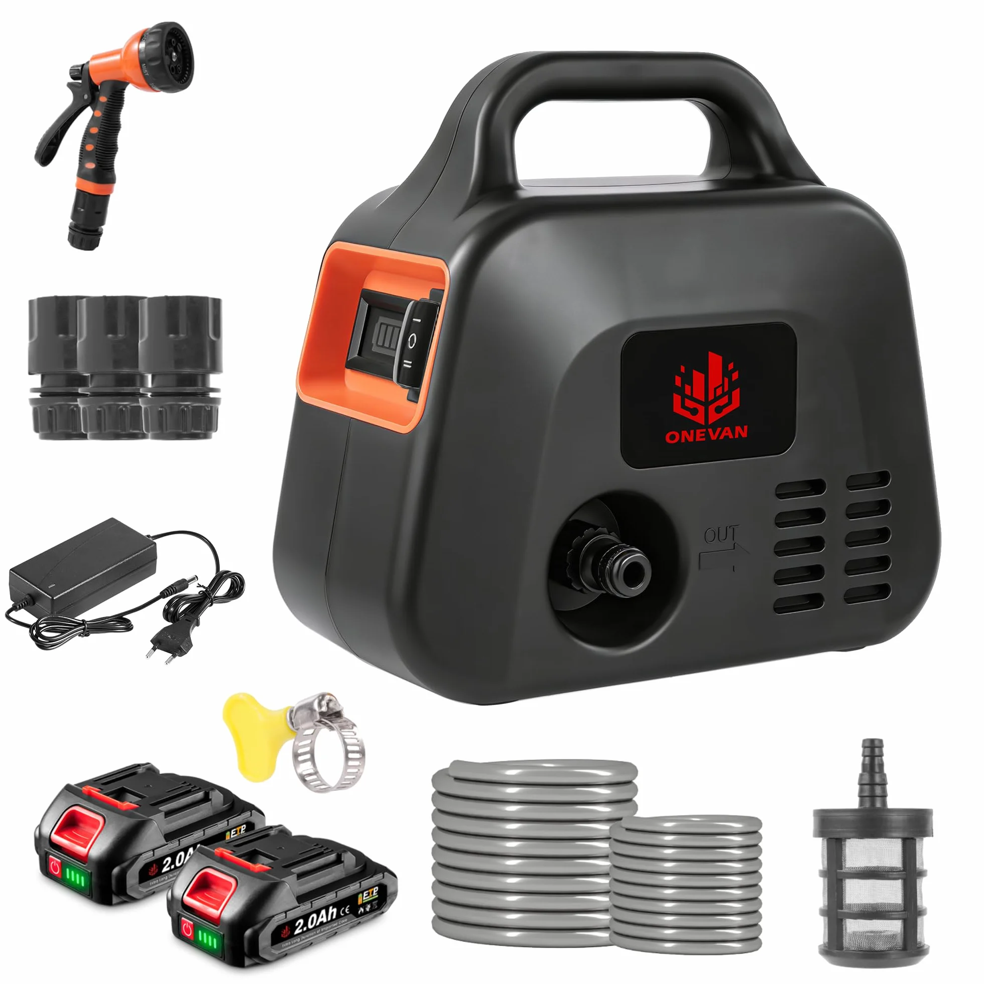 ONEVAN Pompa dell'acqua a batteria, 600 l/h, pompa da giardino elettrica con indicatore di potenza, 2 batterie da 2000 mAh, regolazione a 2 marce, pompa dell'acqua con ugello 7 in 1, tubo, filtro