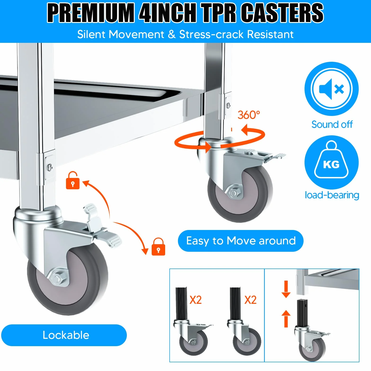 VELPAX Carrello da pranzo da cucina a 3 piani, 75x40x83,5 cm Carrello da pranzo in acciaio inox, rotolamento silenzioso per stoccaggio clinico Cucina Hotel Salone di bellezza