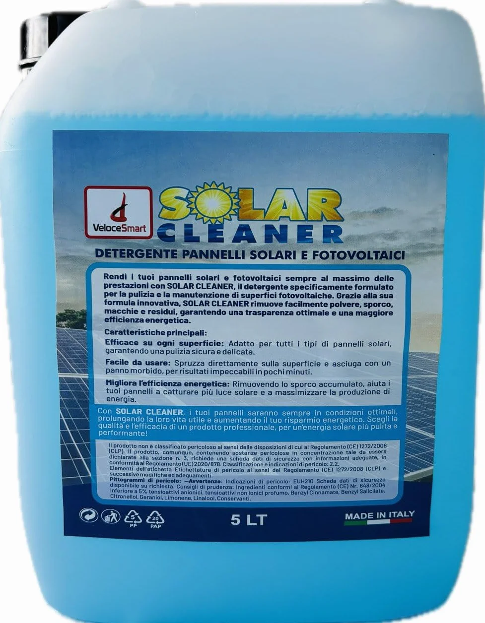 Detergente Professionale per Pannelli Solari e Fotovoltaici, VeloceSmart Solar Cleaner 5 Litri, Formula Innovativa per Massima Efficienza